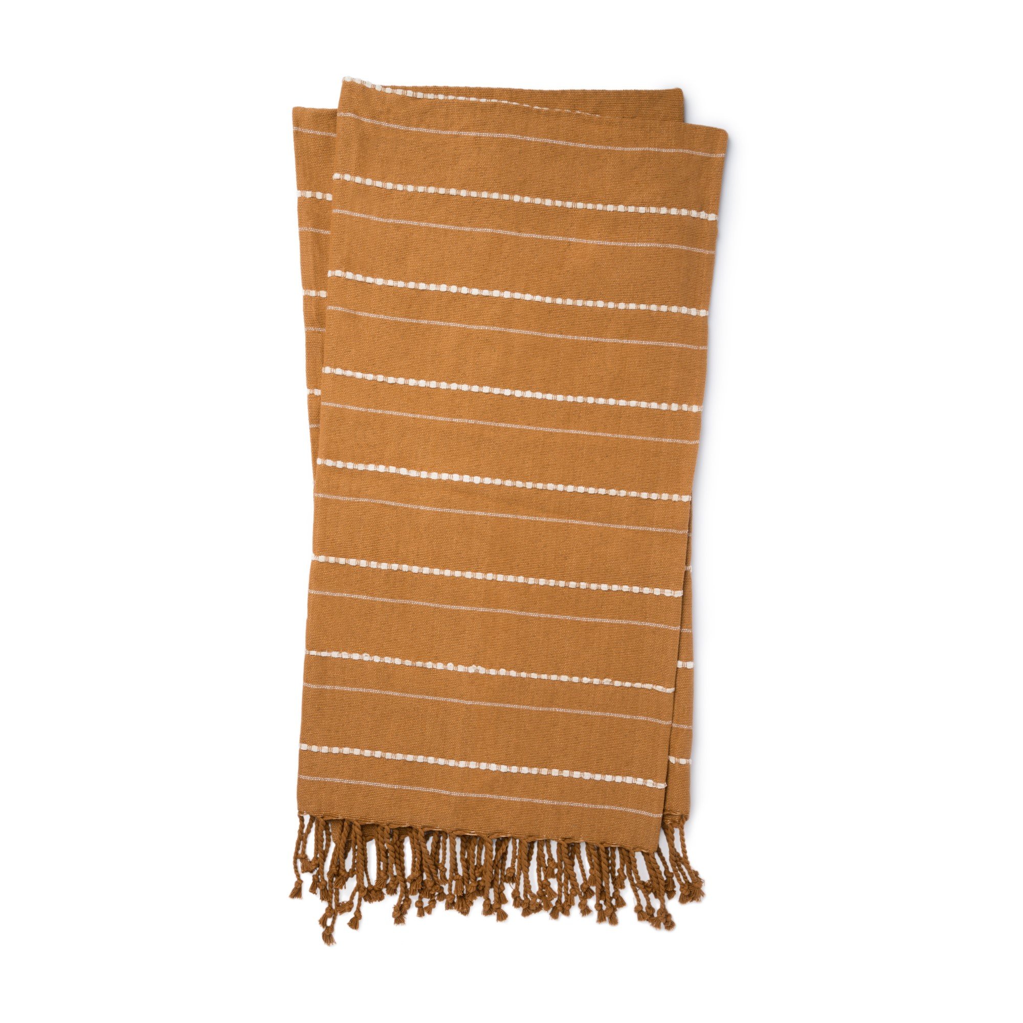 gold throw blanket with white pinstripe detail and gold tassel fringe