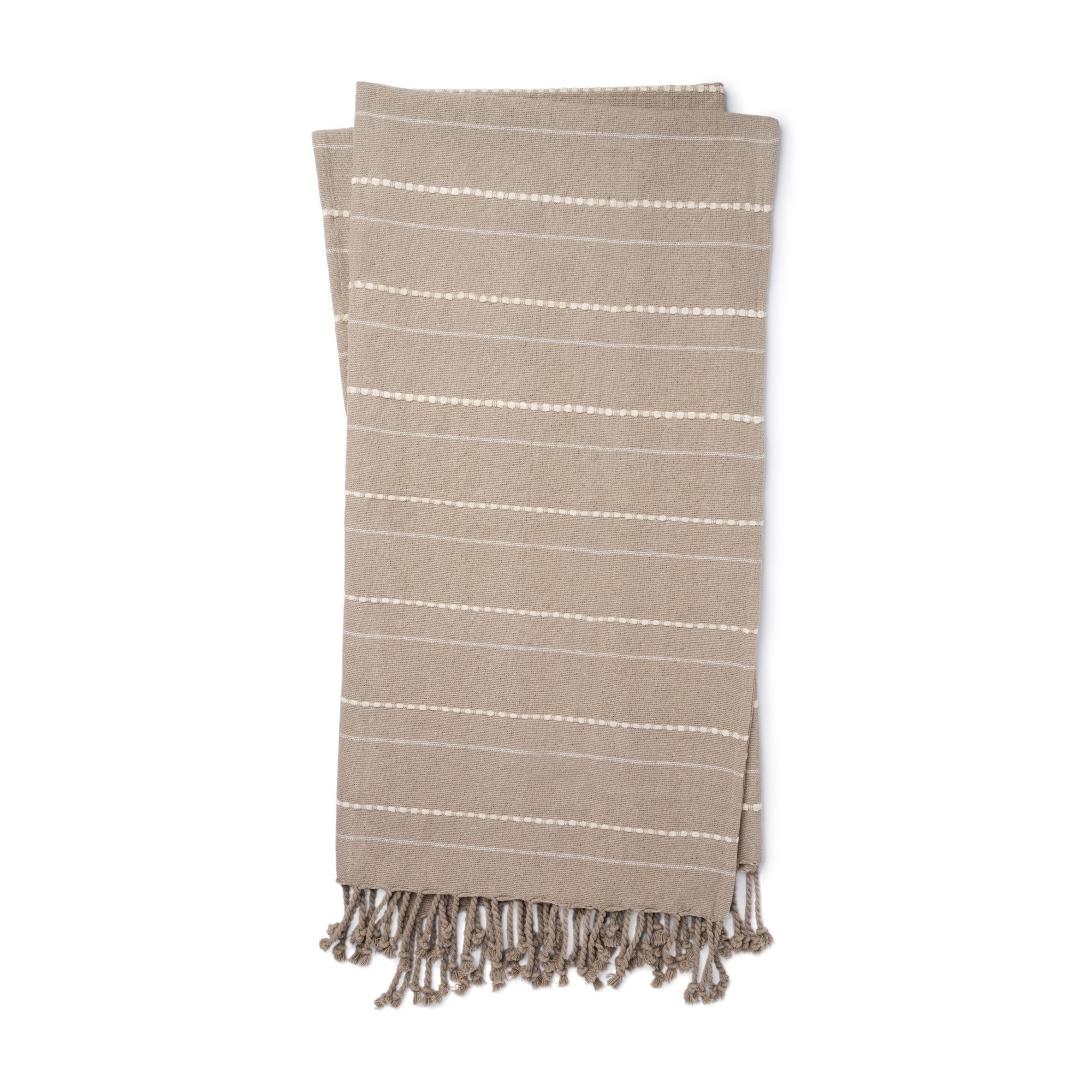 warm grey throw blanket with white pinstripe detail and grey tassel fringe $69.00