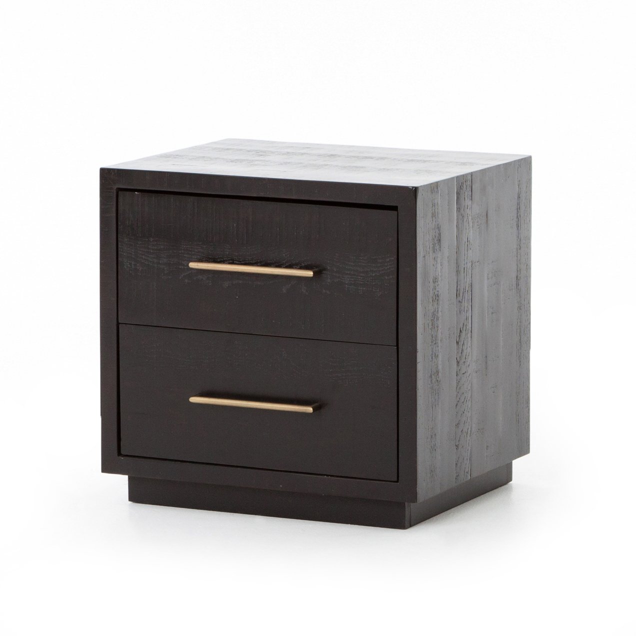 espresso stained wooden modern nightstand with two drawers and brass drawer pulls