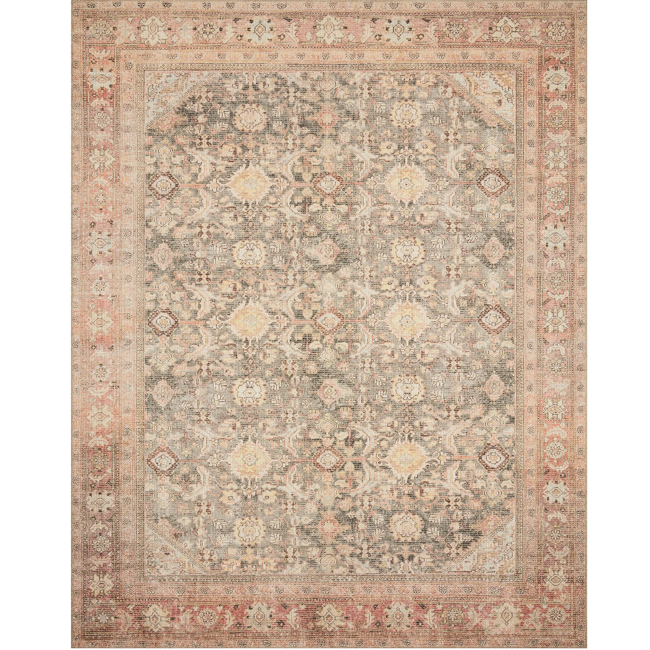 charcoal and blush distressed traditional rug with floral detail