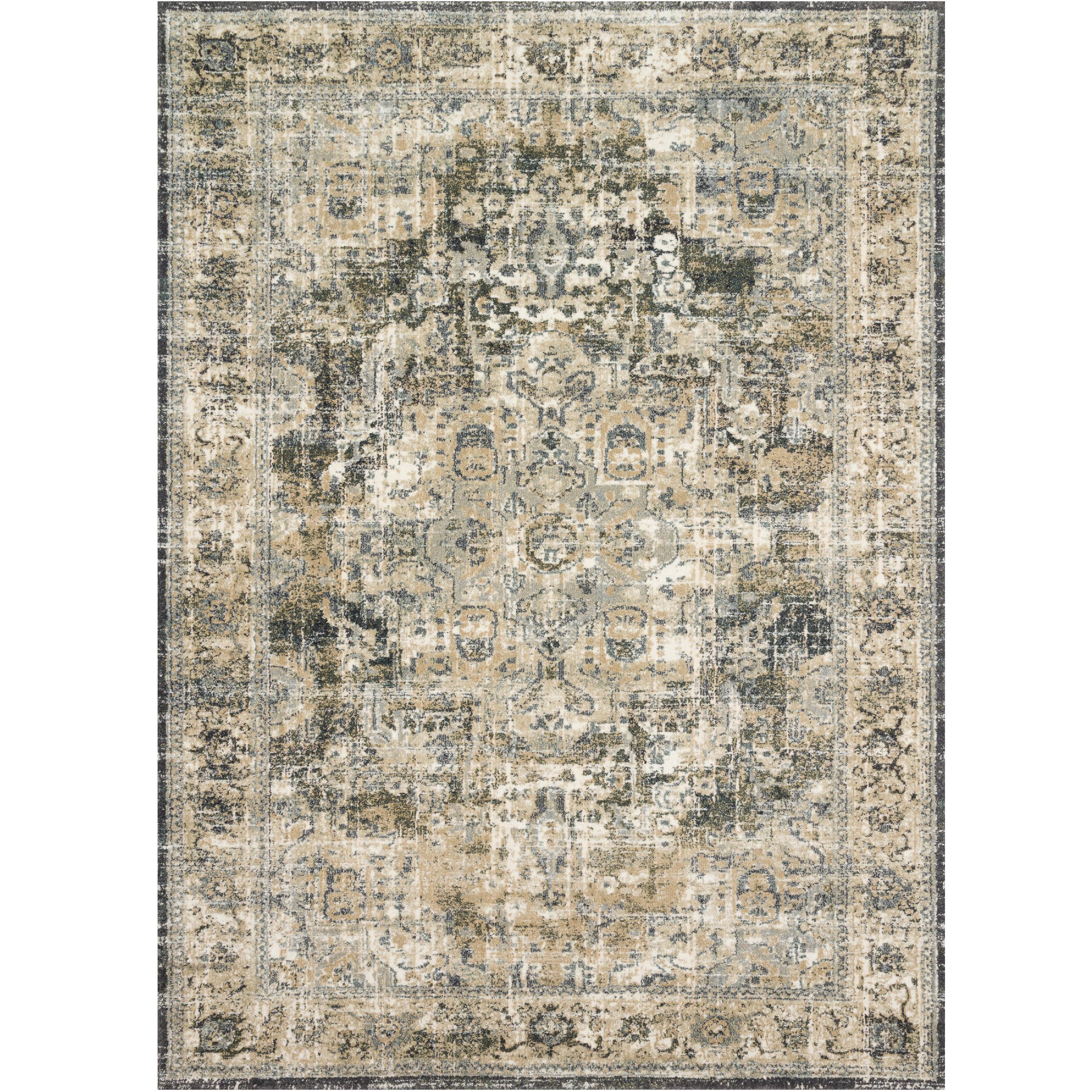 cream distressed area rug with grey and tan detail