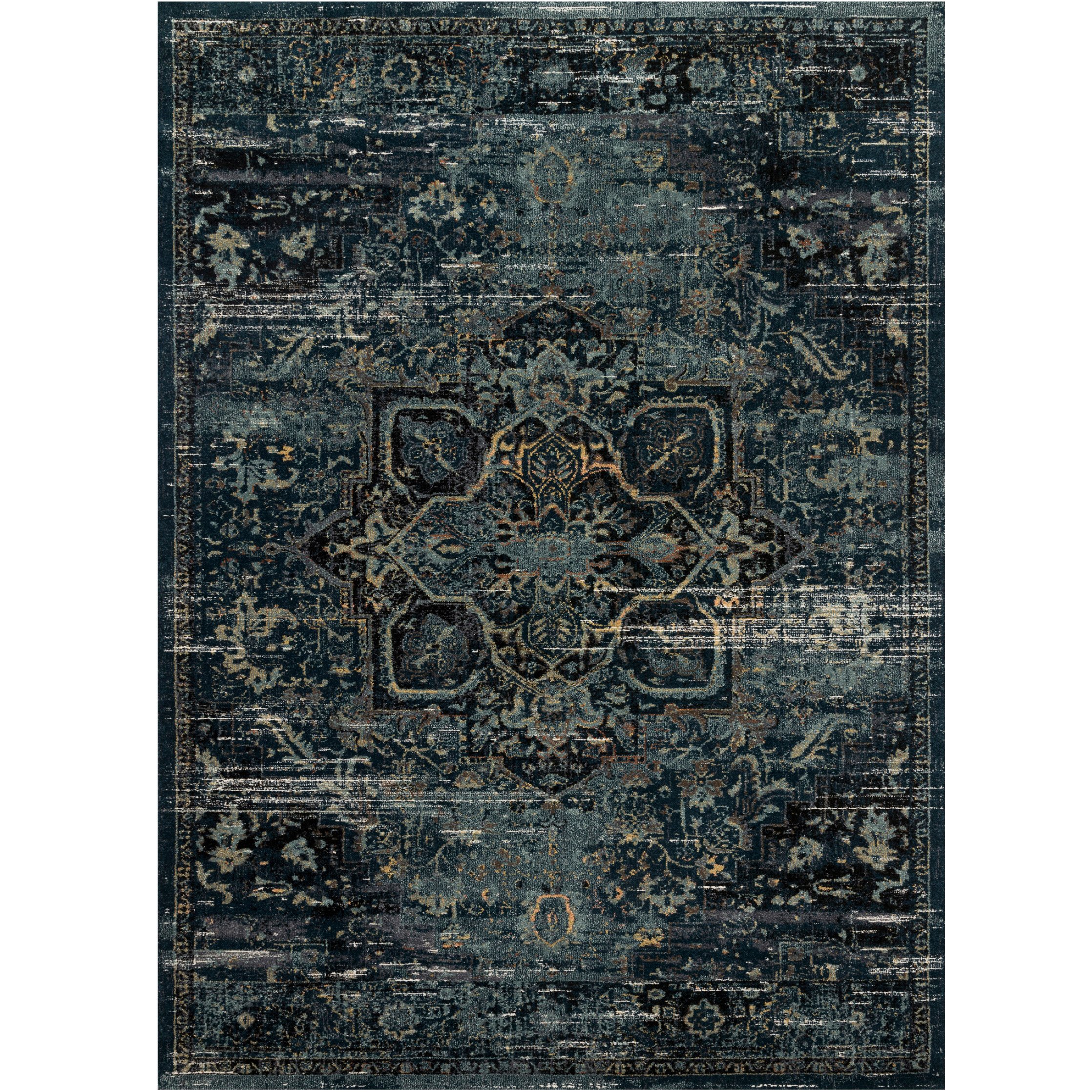 dark blue and ocean blue area rug with floral detail