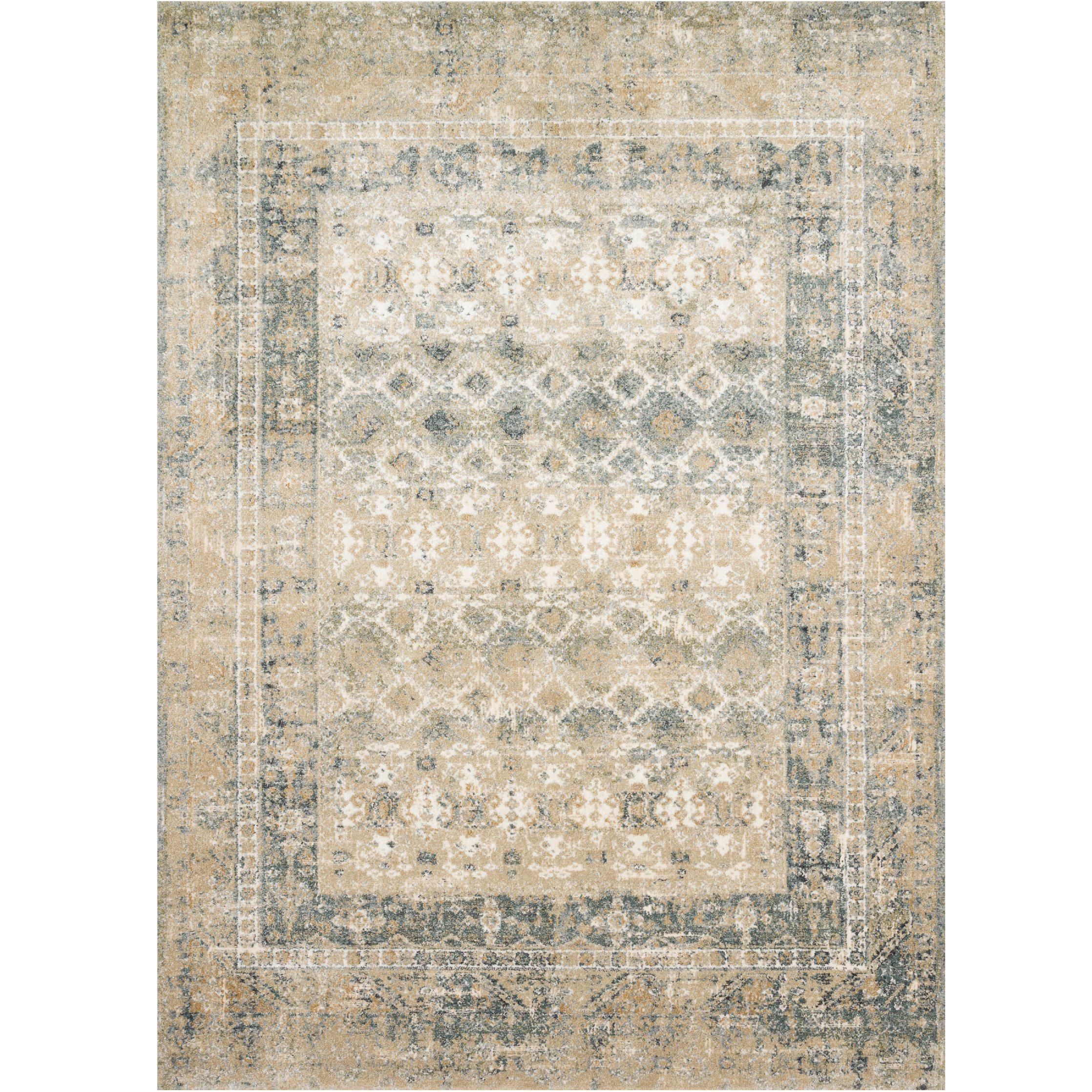 tan and cream traditional area rug with grey-blue undertones