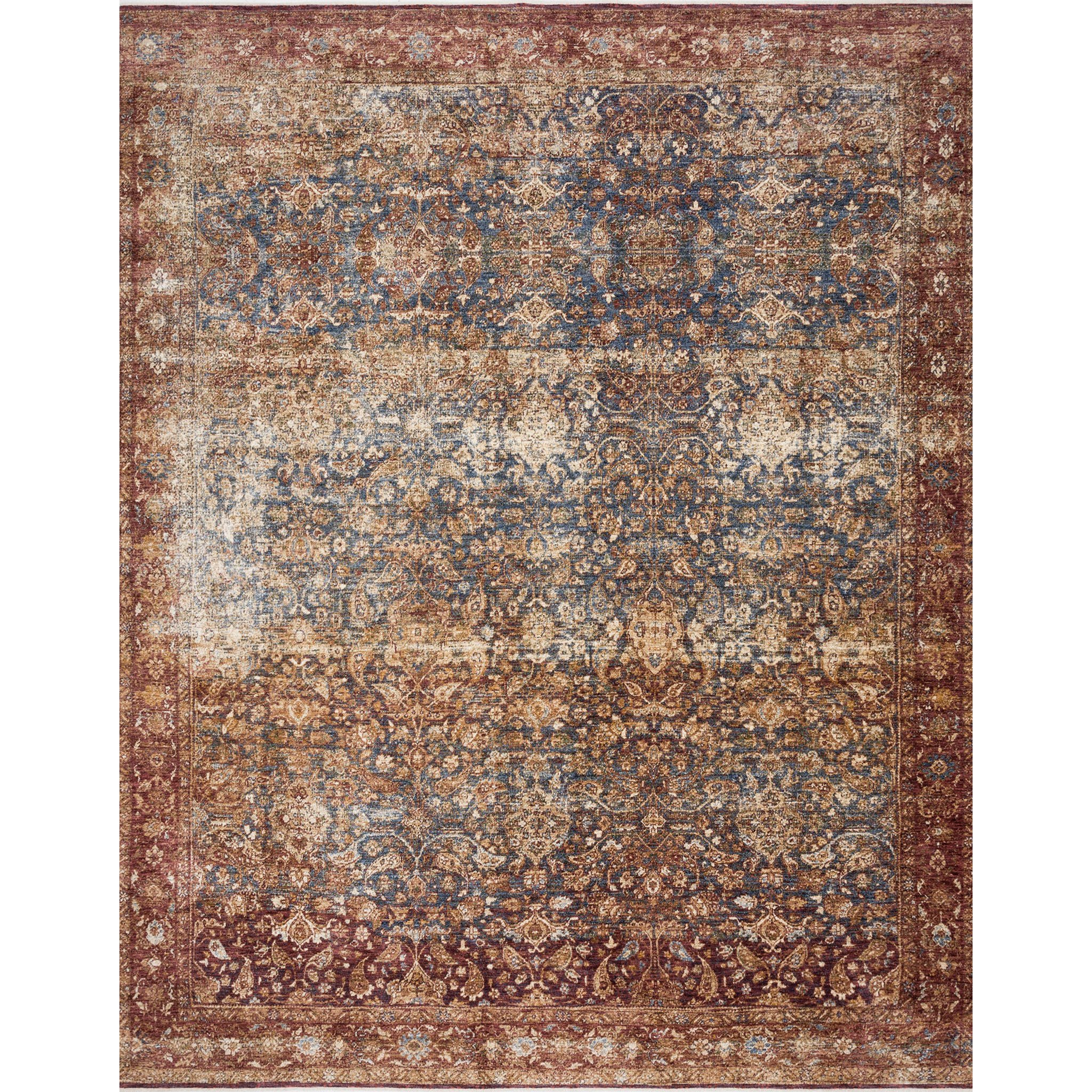 red distressed traditional rug with tan and blue detail