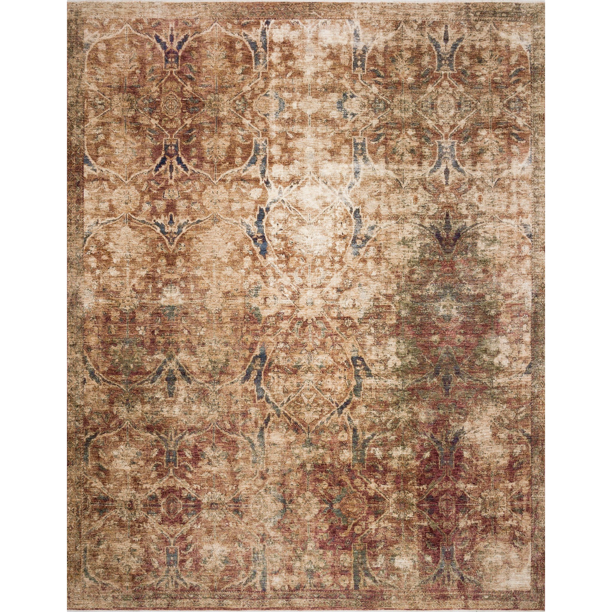 red distressed rug with ornate tan detail Items range from $99.00 to $2409.00