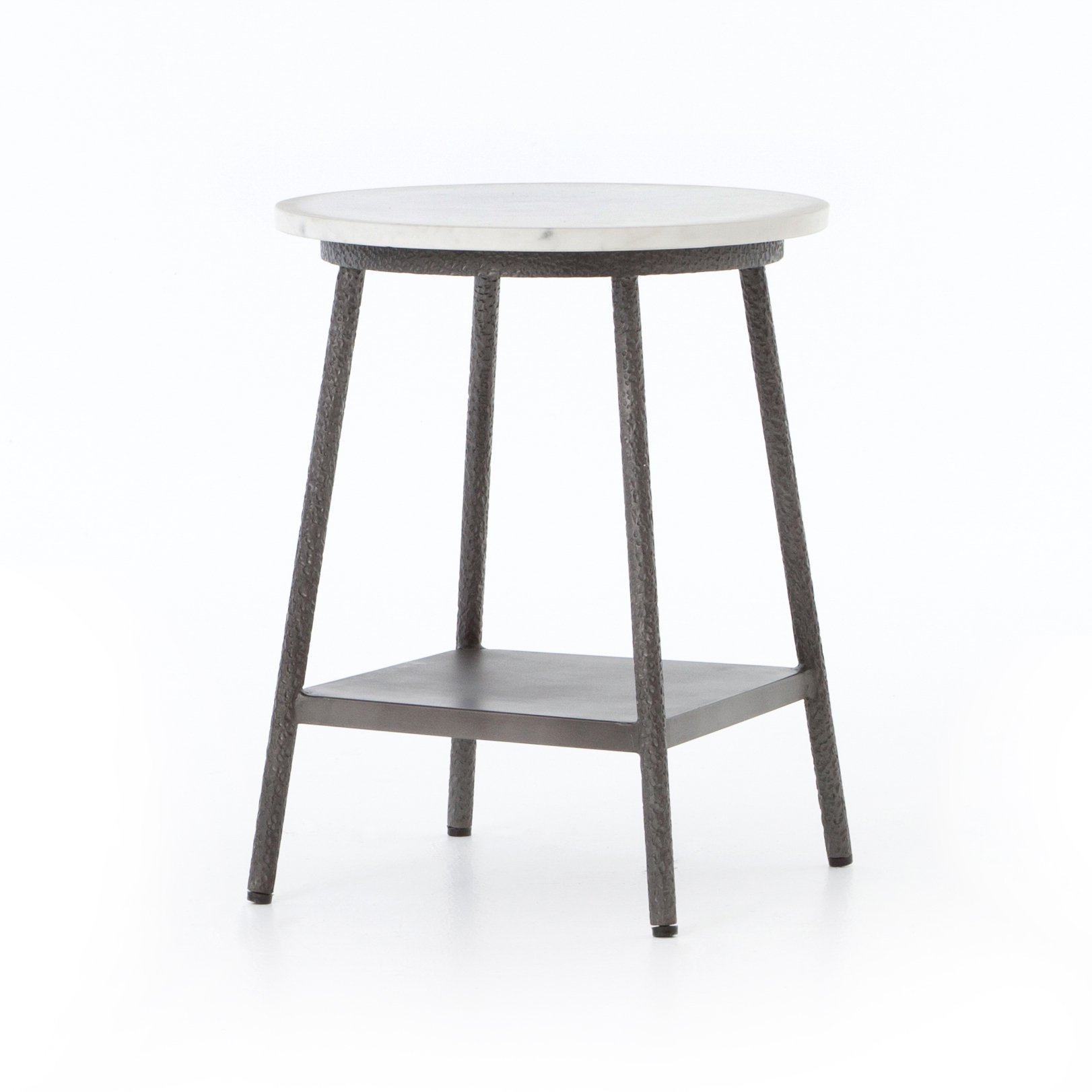 hammered metal end table with white round marble top