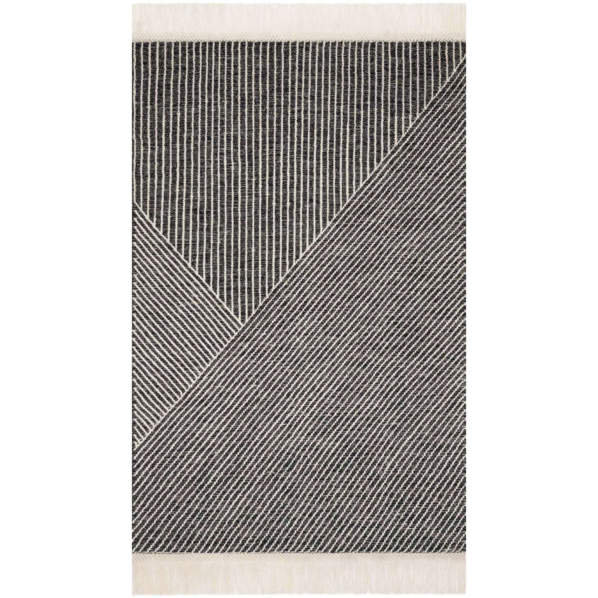 modern charcoal and ivory rug with geometric pattern and tassel fringe Items range from $109.00 to $1459.00