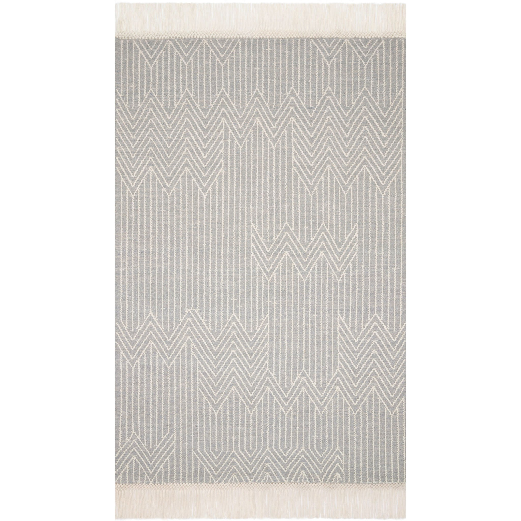 modern light gray and ivory rug with modern pattern and tassel fringe