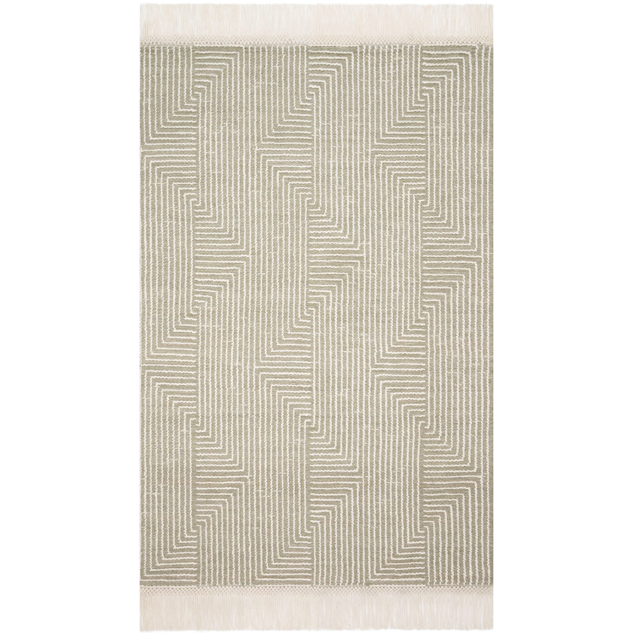 light sage green and ivory modern rug with geometric pattern and tassel fringe Items range from $109.00 to $1459.00