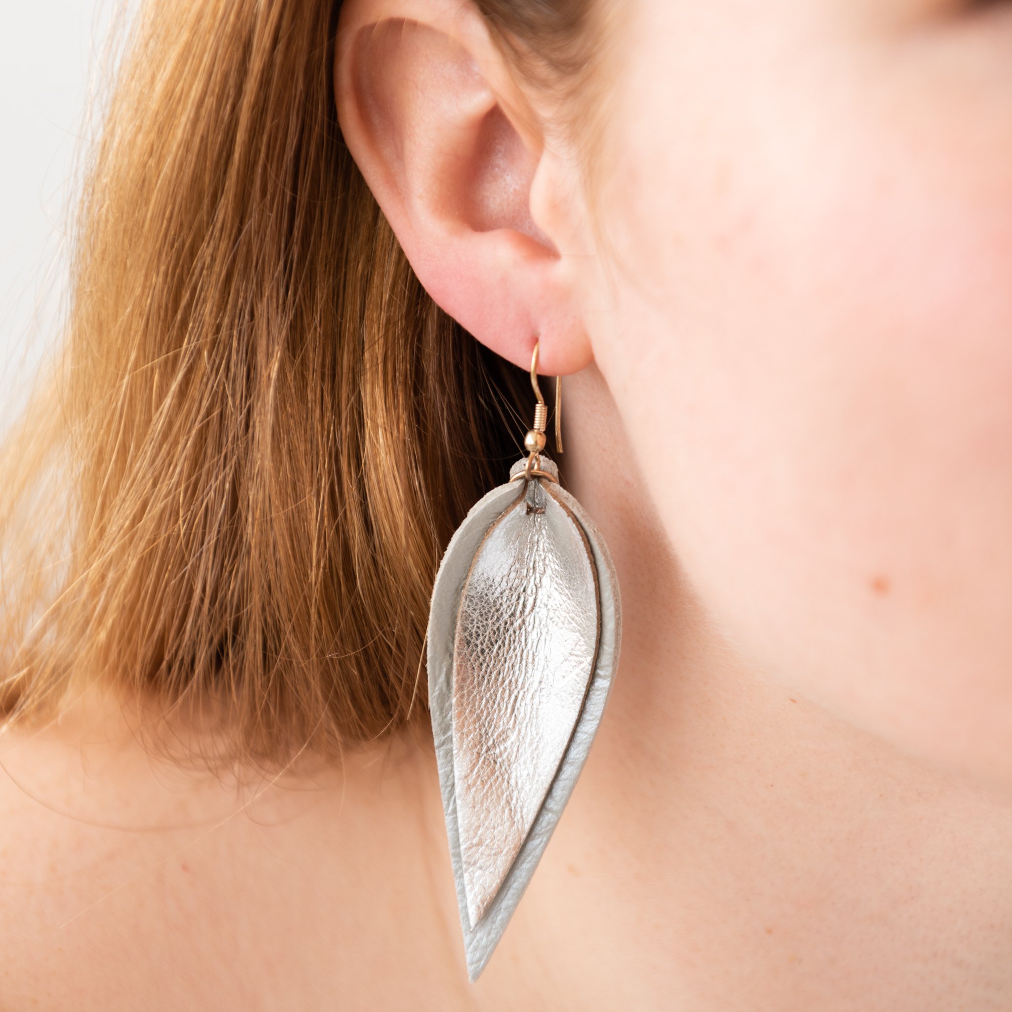 White Birch Large Leather Leaf Earrings Grey Skies Textured  Starlet