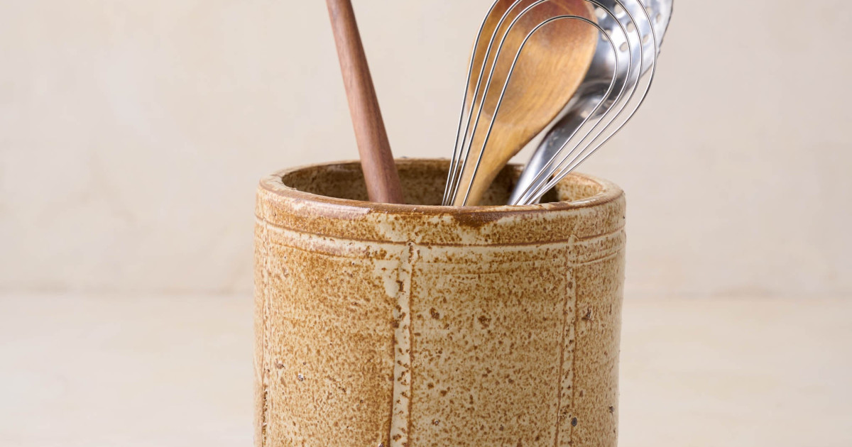 Handcrafted Beige Marble Utensil Crock