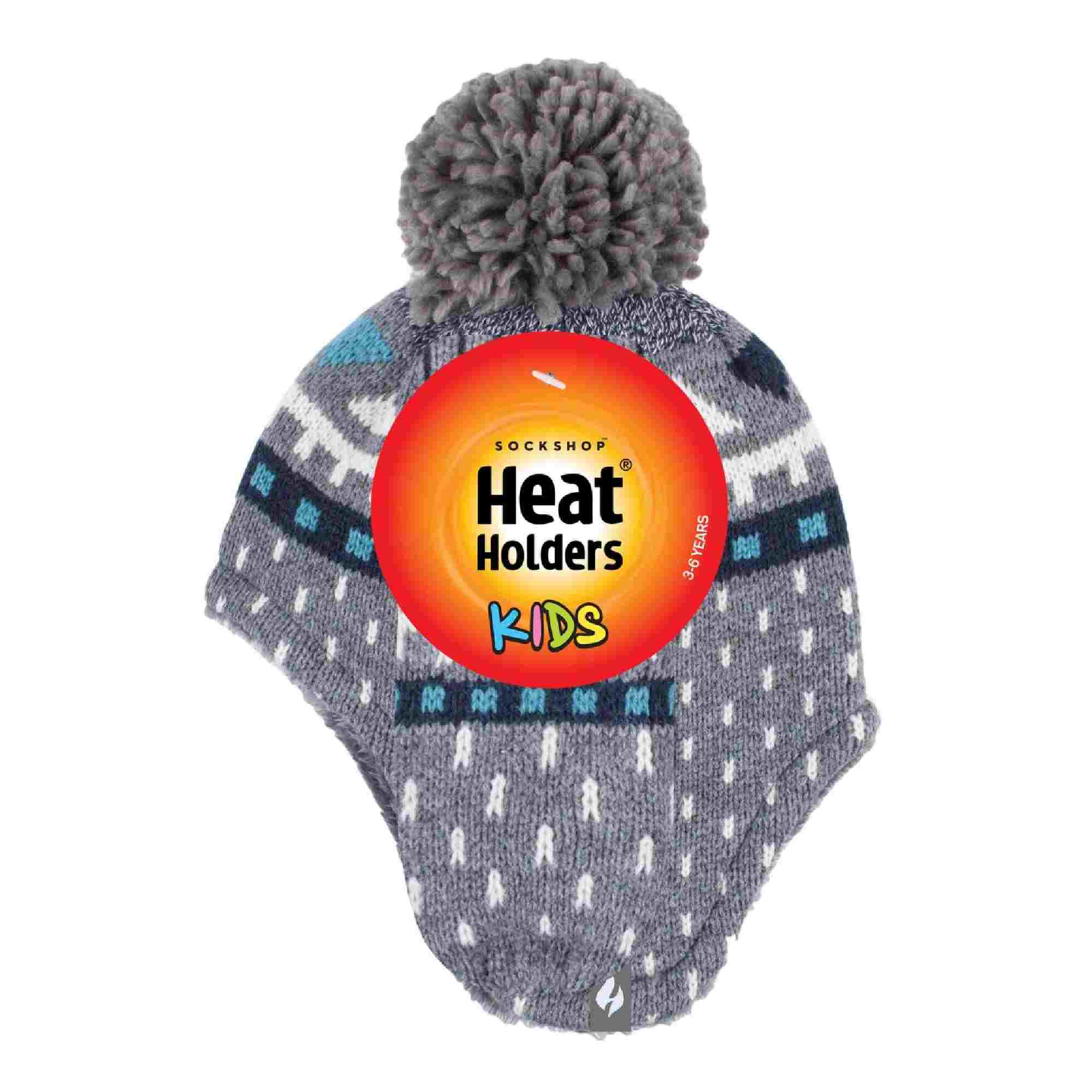 Heat Holders - Boys Winter Pattern Hat Pom Pom with Ear Protection and Mittens - Picture 7 of 13