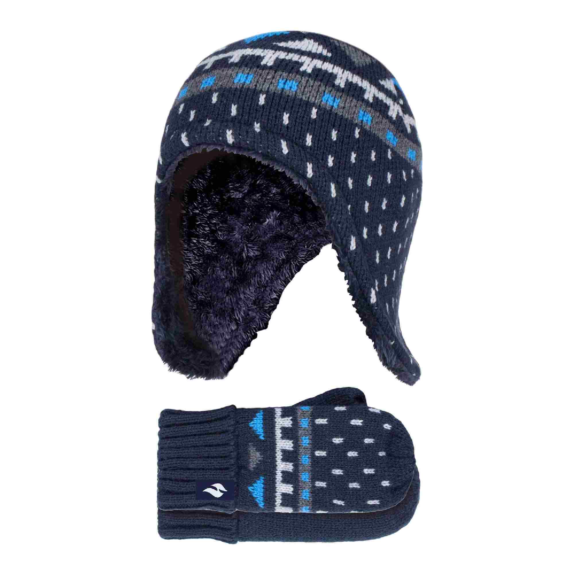 Heat Holders - Boys Winter Pattern Hat Pom Pom with Ear Protection and Mittens - Picture 10 of 13