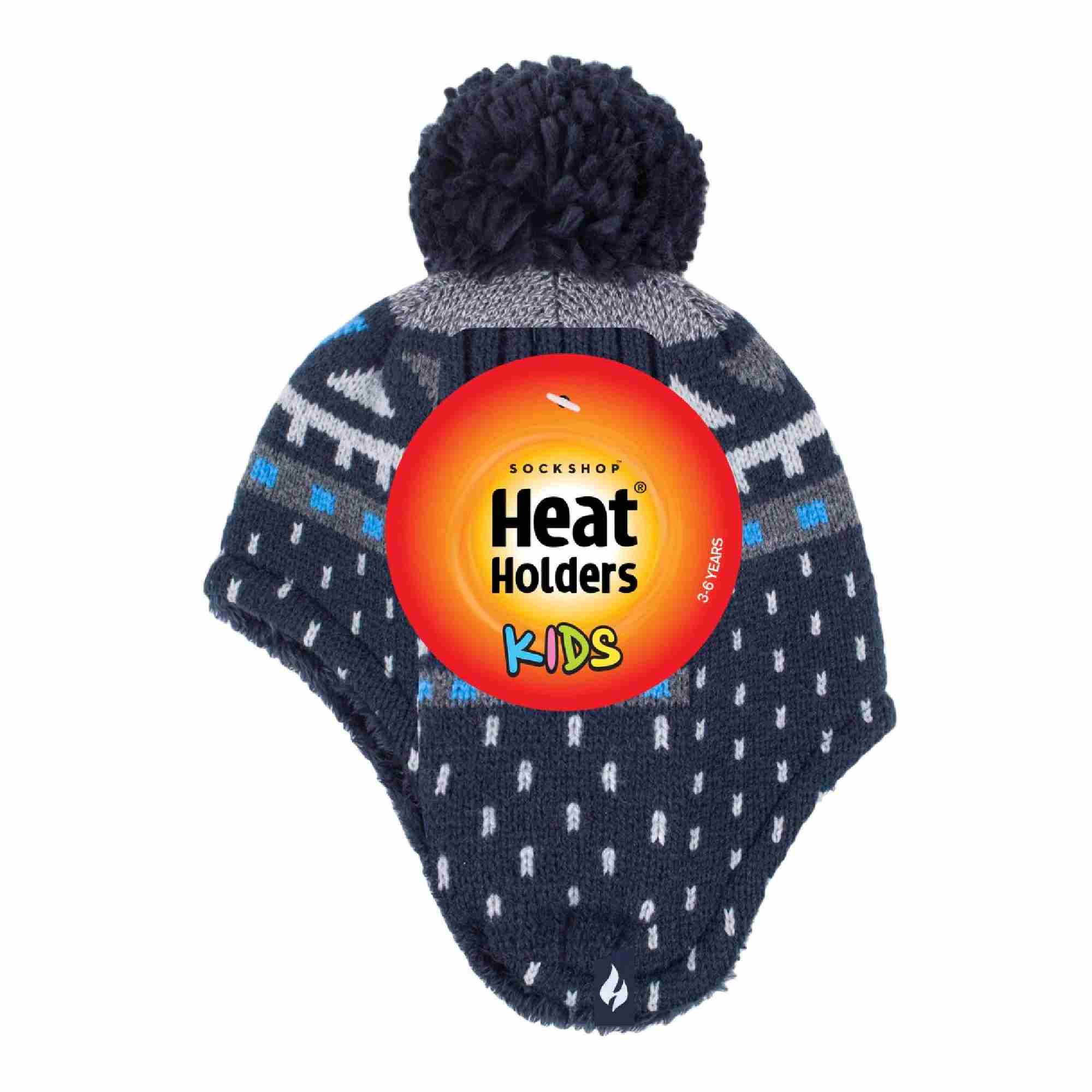 Heat Holders - Boys Winter Pattern Hat Pom Pom with Ear Protection and Mittens - Picture 11 of 13