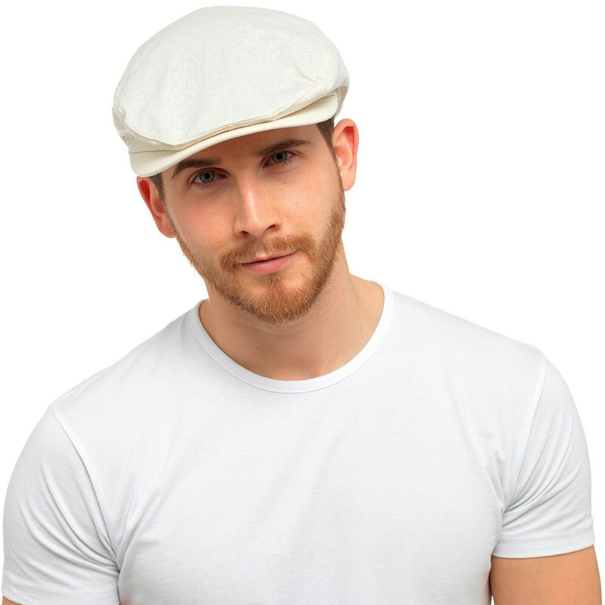 Casquette Plate En Lin Pour Homme En Crème Et Denim - Imagen 11 de 11
