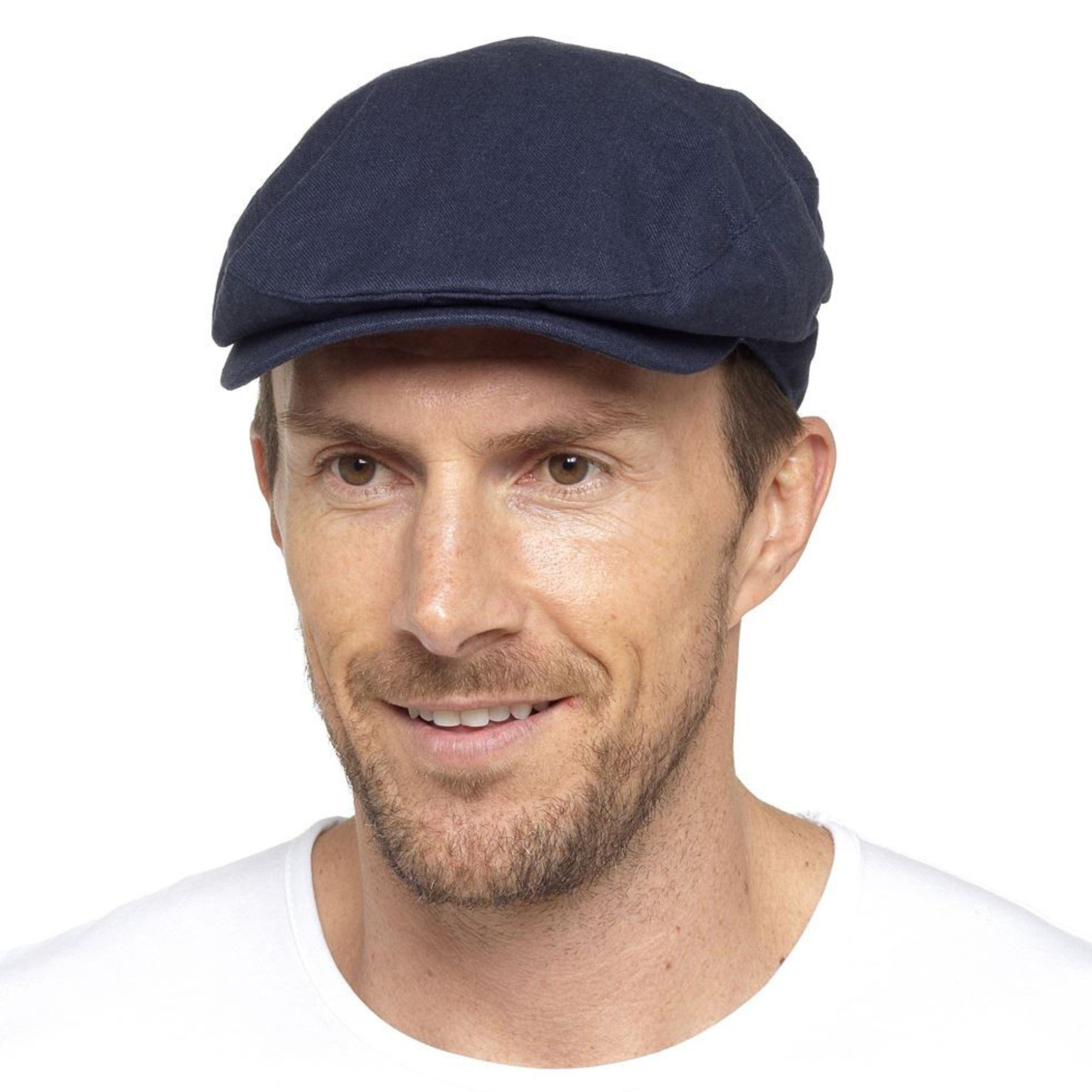 Casquette Plate En Lin Pour Homme En Crème Et Denim - Imagen 4 de 11