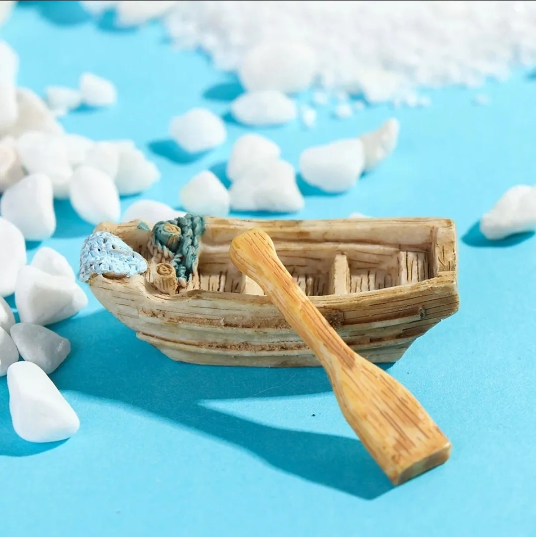 Mini Row Boat Model Resin Figurines & Paddles