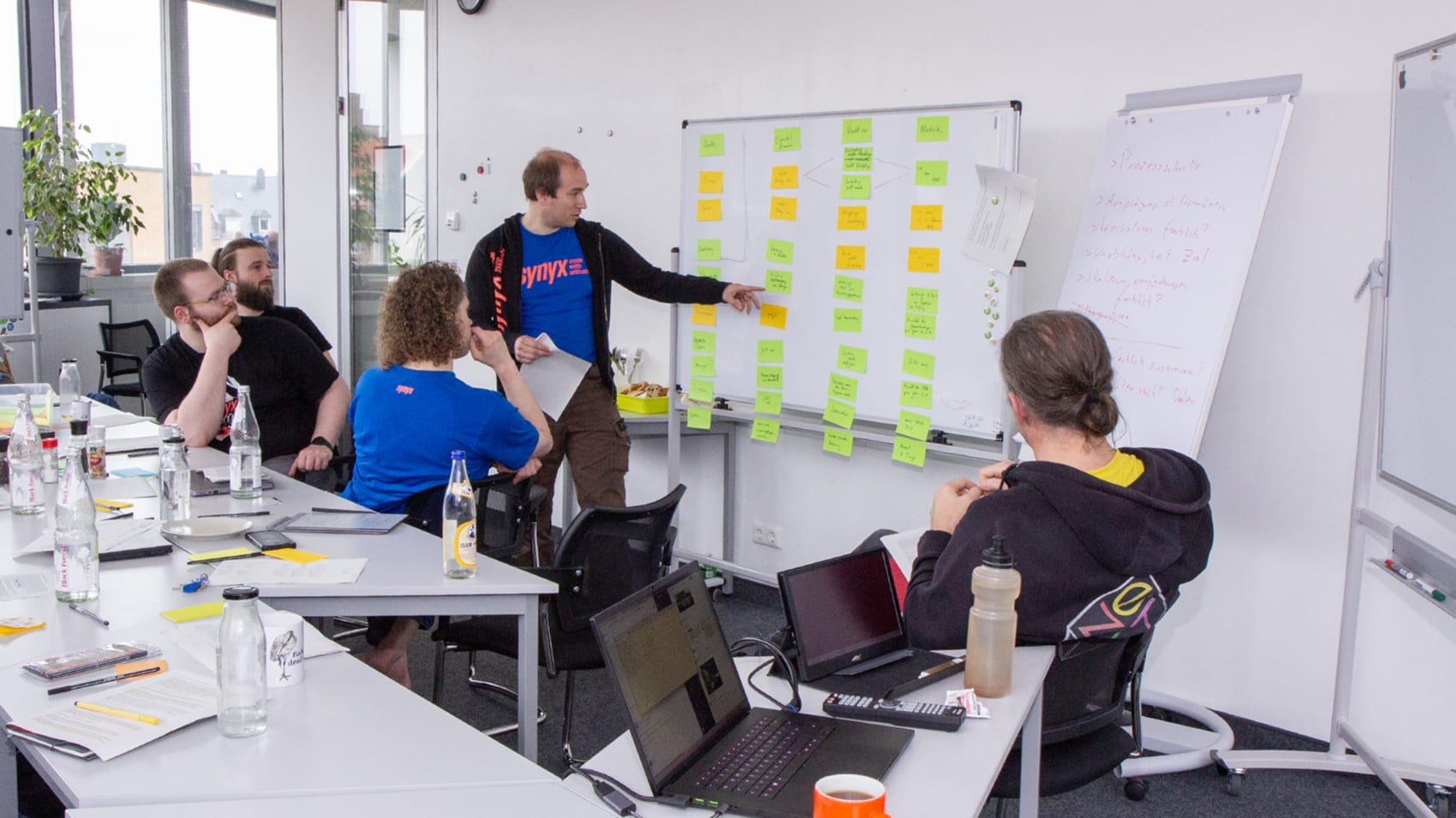 Trainingssituation, in der ein Teilnehmer den anderen Teilnehmer:innen und dem Trainer einen Zusammenhang an einem Whiteboard erläutert, an welchem verschieden farbige Haftnotizen kleben