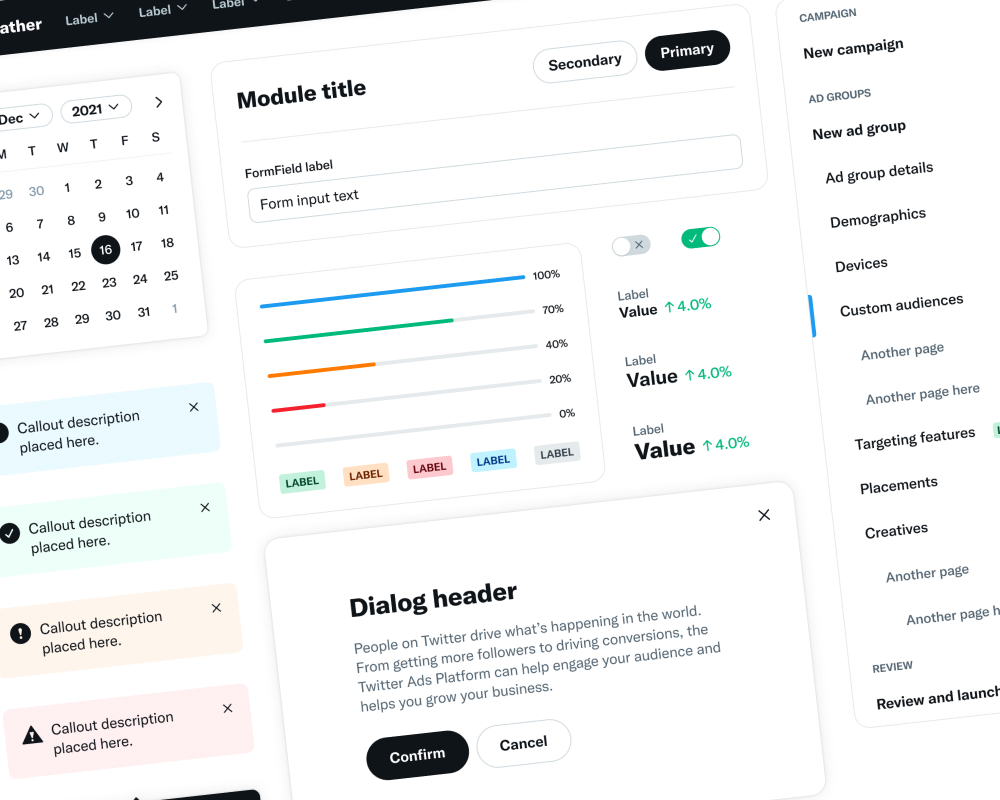 Overview of the design system website home page. Including illustrations and component examples like buttons and icons.