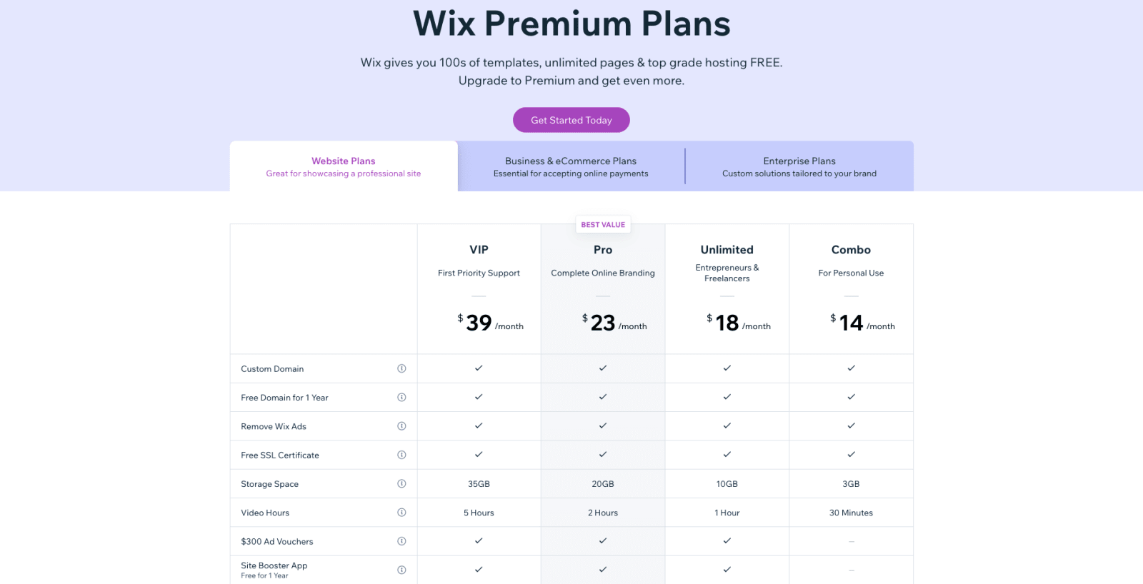 2018 wix pricing catalog