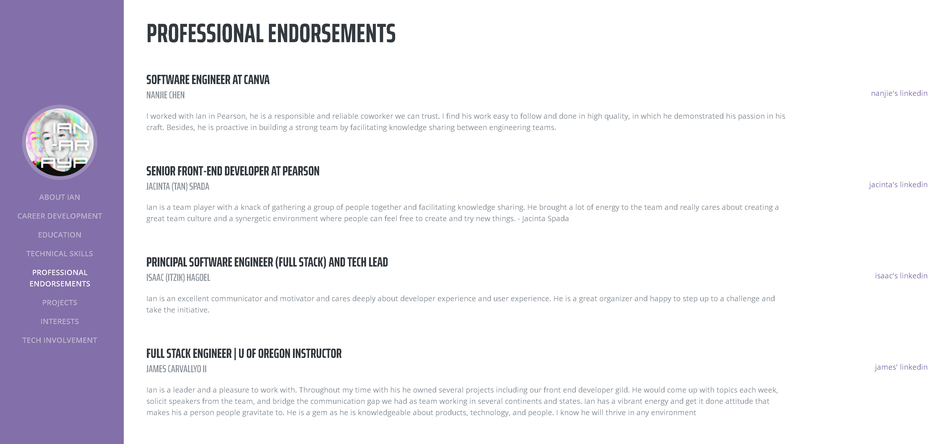 website desktop view of professional endorsements