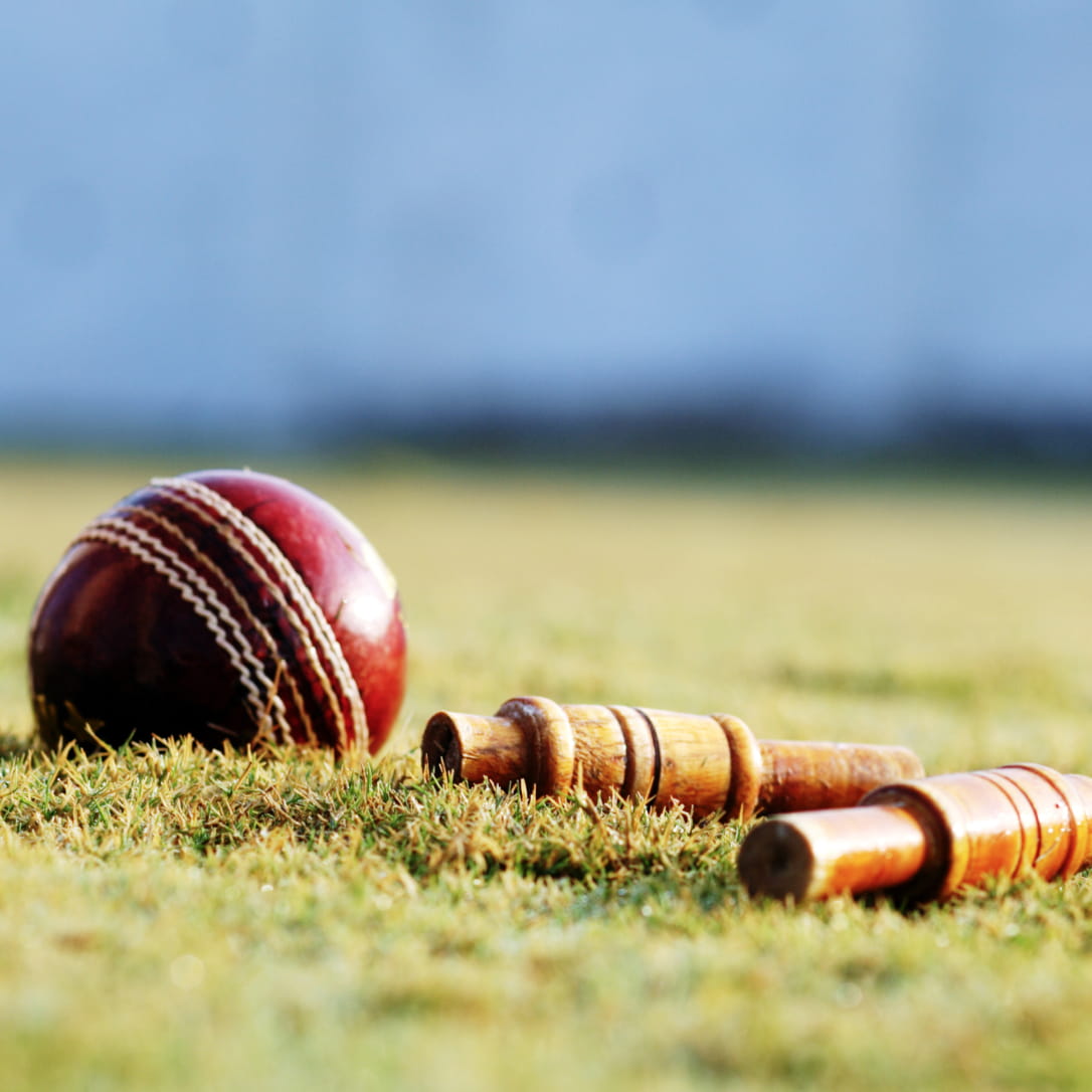 A cricket ball and two wicket bails on the ground.