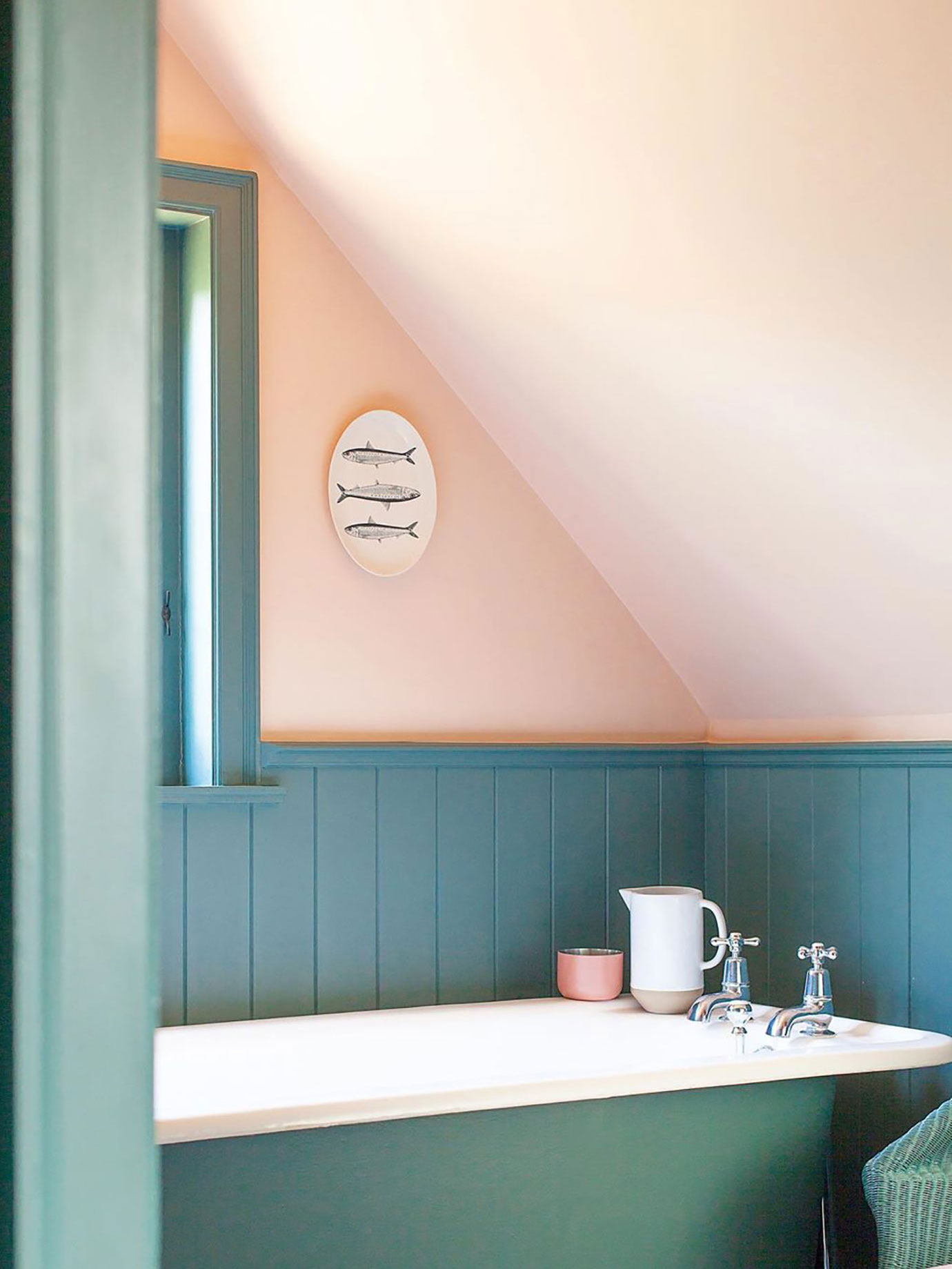 A blue an pink bathroom.