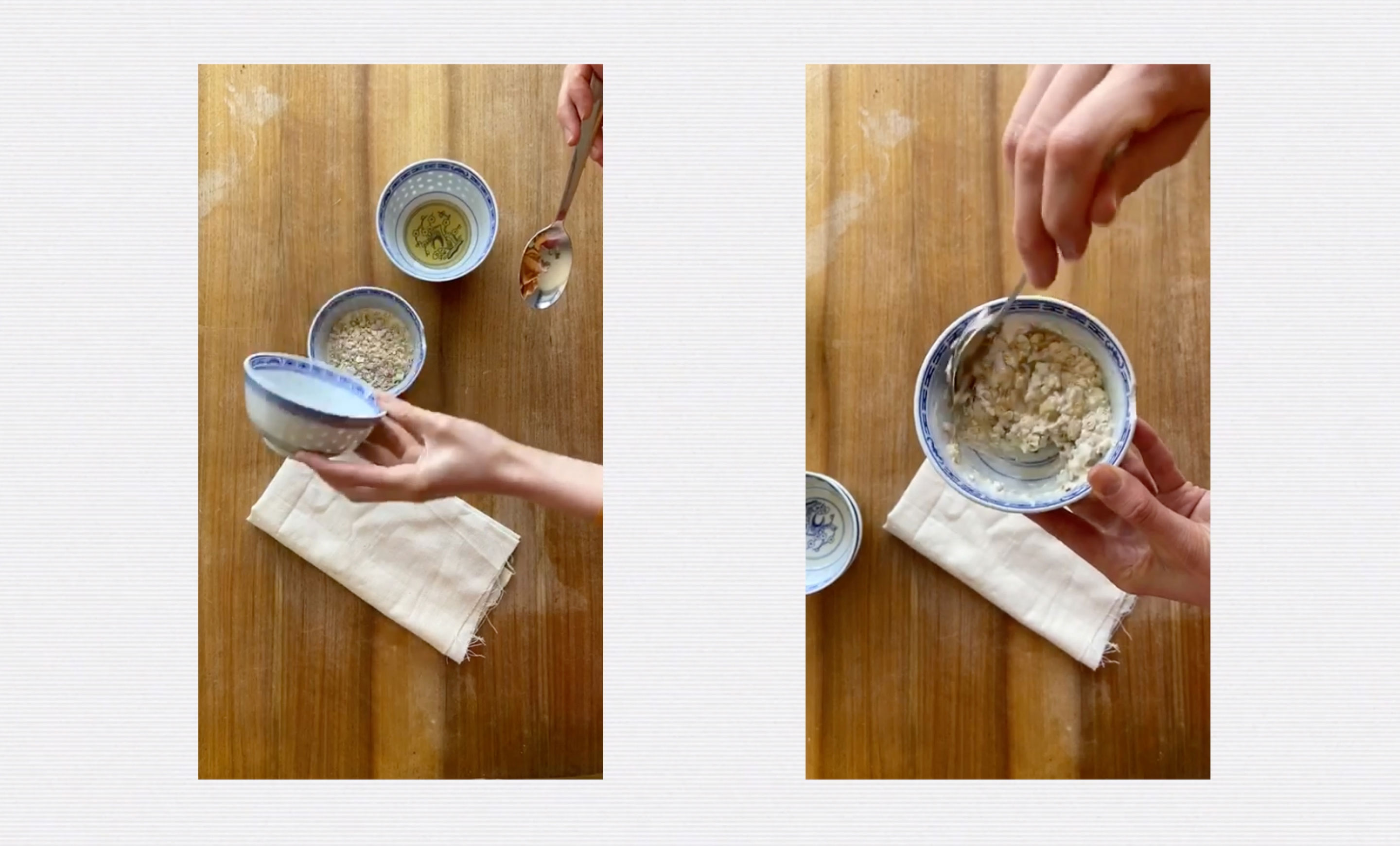 Two images on a grey background of someone mixing oats with yoghurt and honey.