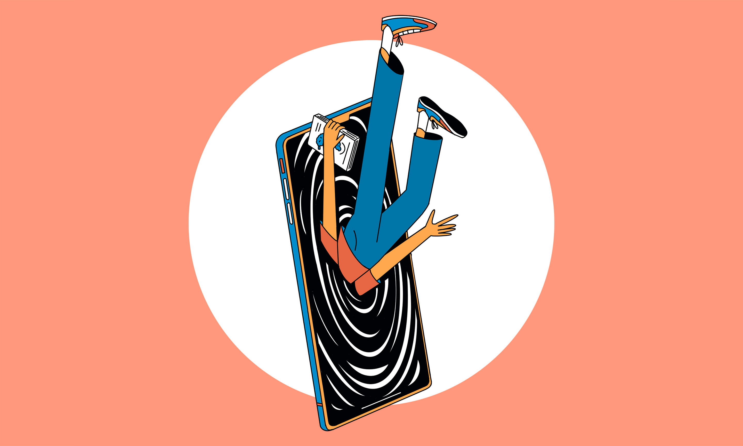 Illustration of a person being sucked into a mobile phone.
