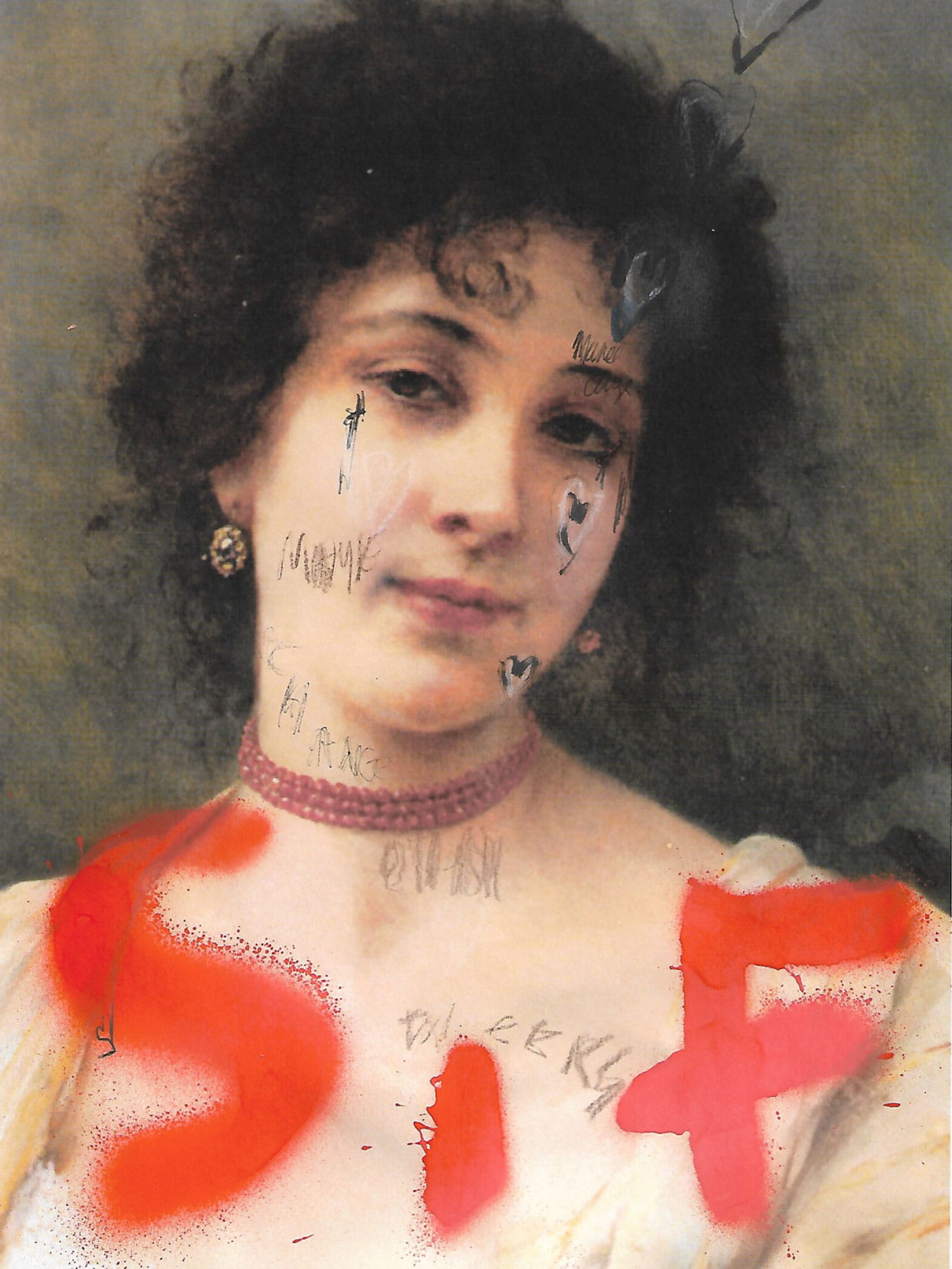 A classical painting of a woman with SIF written in red graffiti on it.