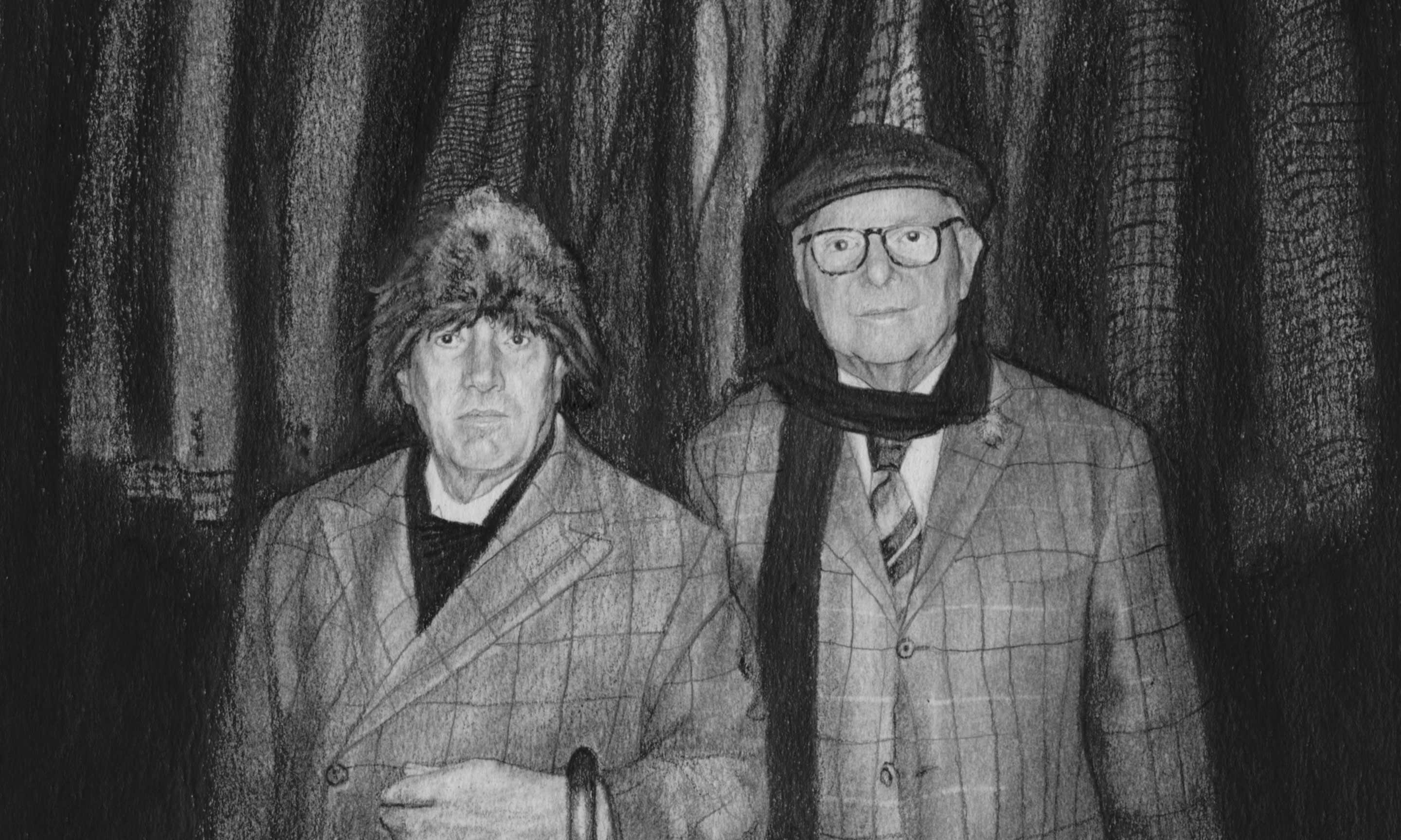 A pencil drawing of two men.