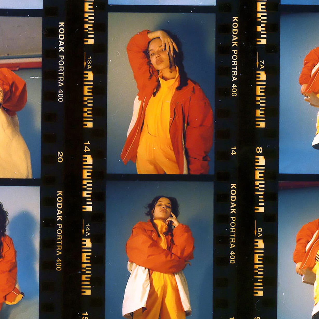 A contact sheet containing various shots of a young female singer.