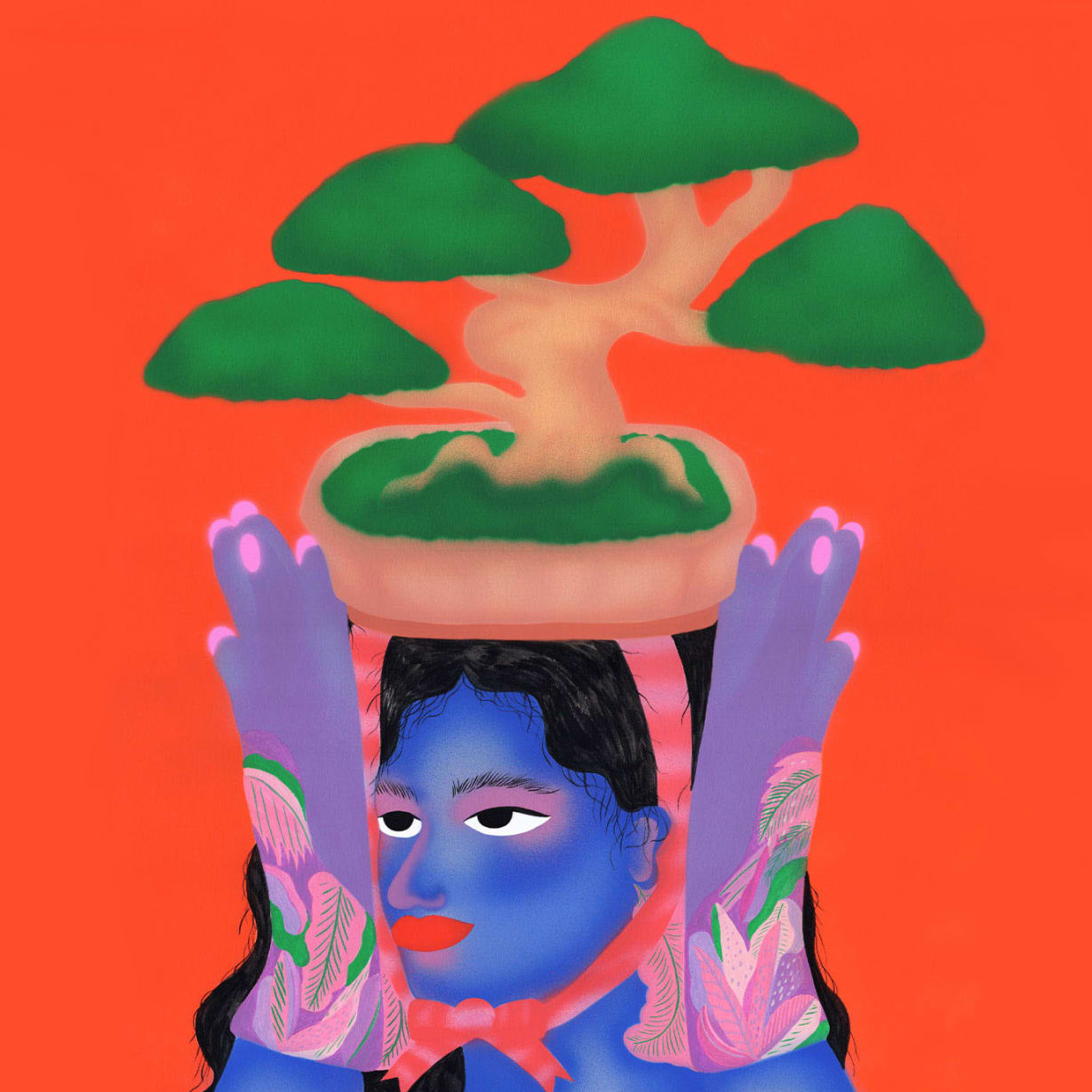 Illustration of woman in gardening gloves and hat with a bonsai tree on top of the hat