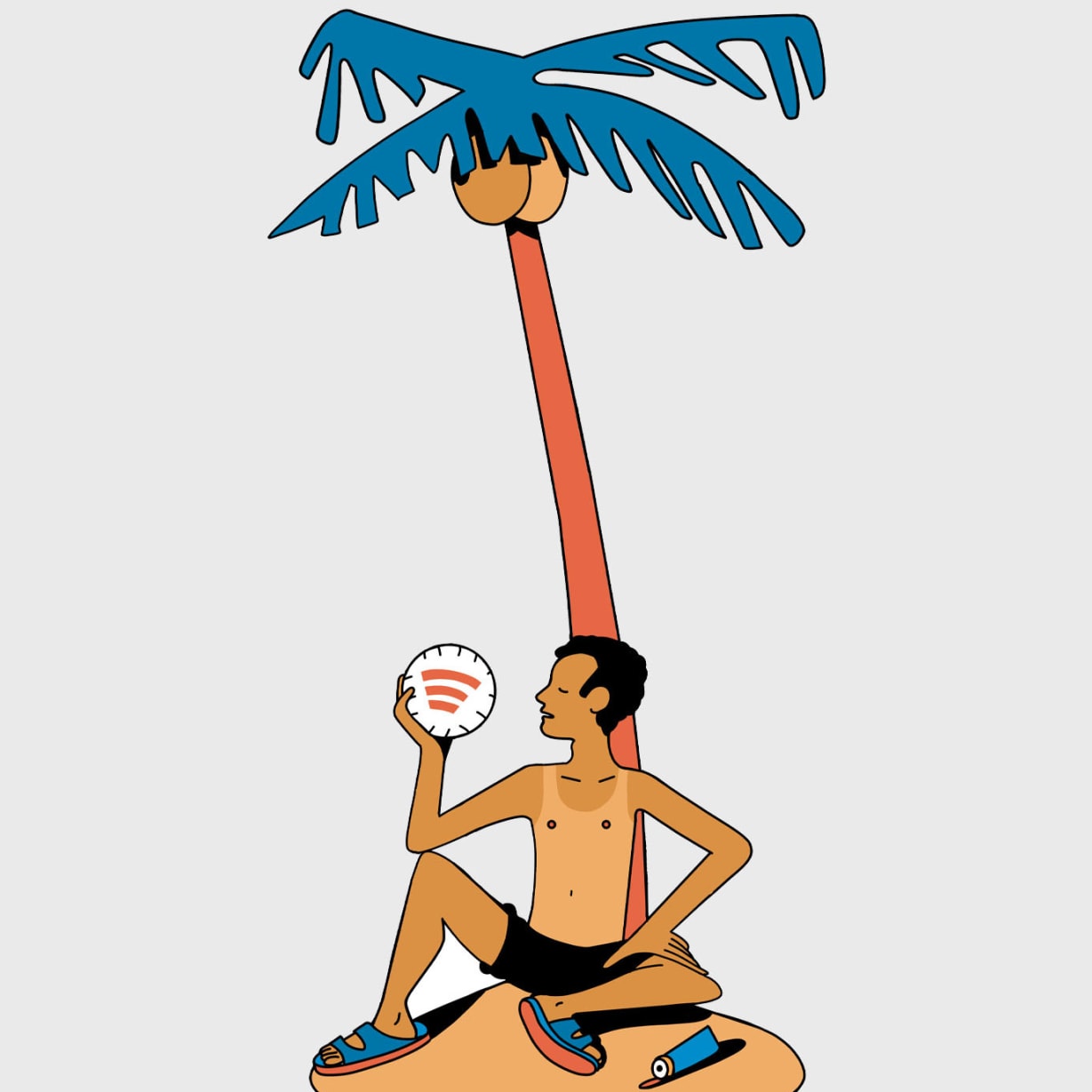 illustration of man holding coconut on desert island