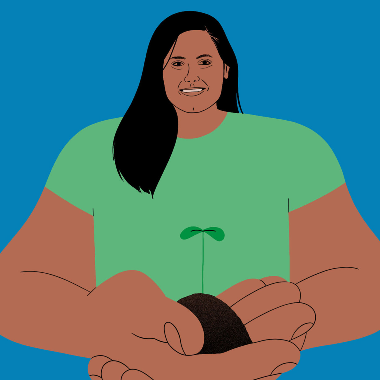 An illustrated interpretation of a woman holding a plant in soil in her large hands.