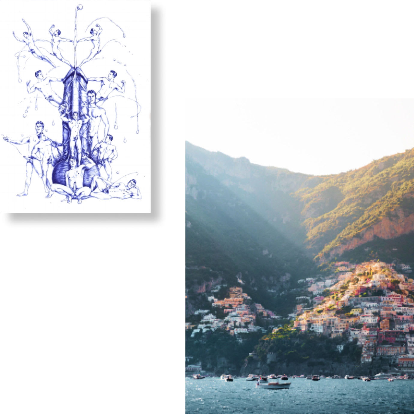 A collage of a piece of art and a coastal town.