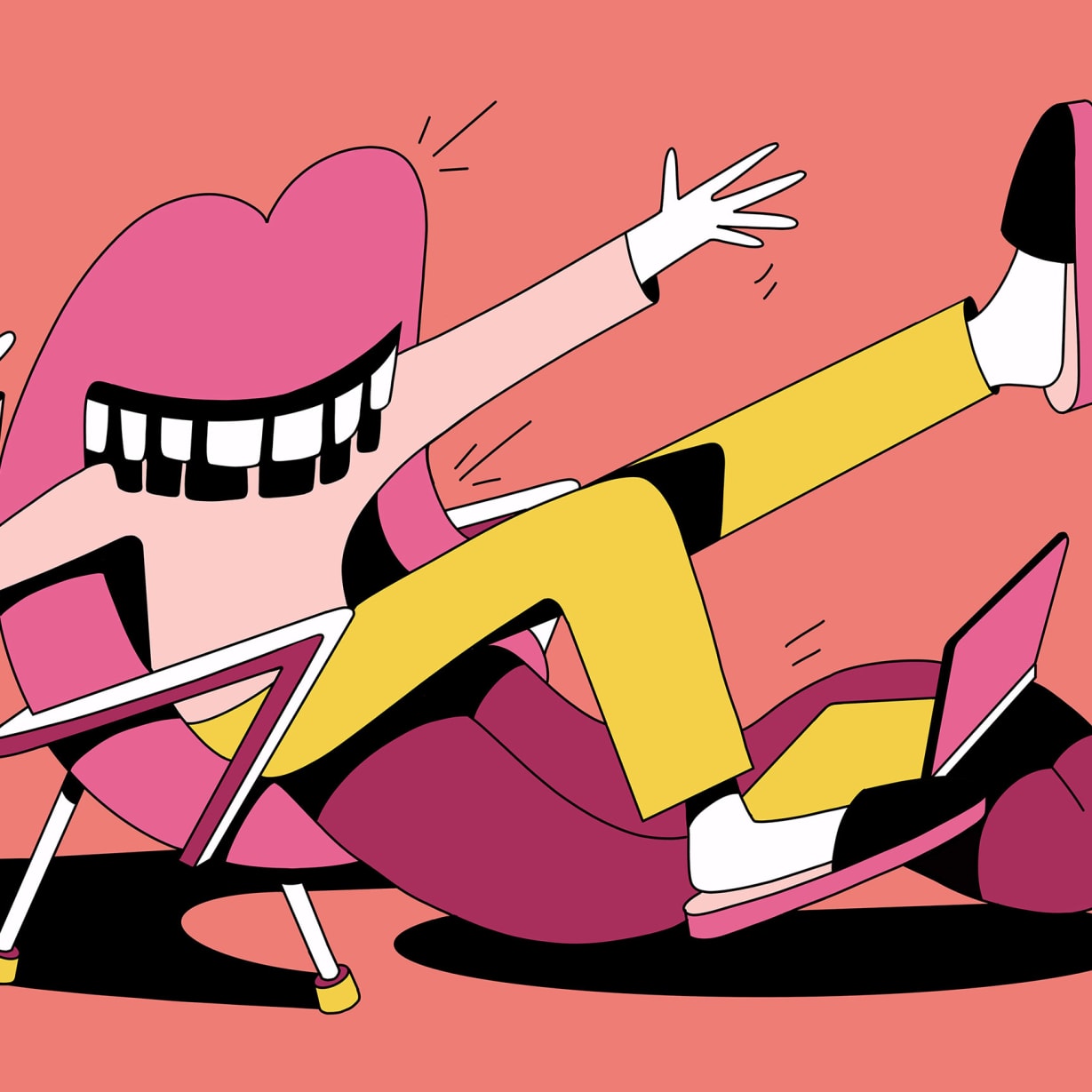 An illustration of a chair with a mouth eating a person trying to sit in it.