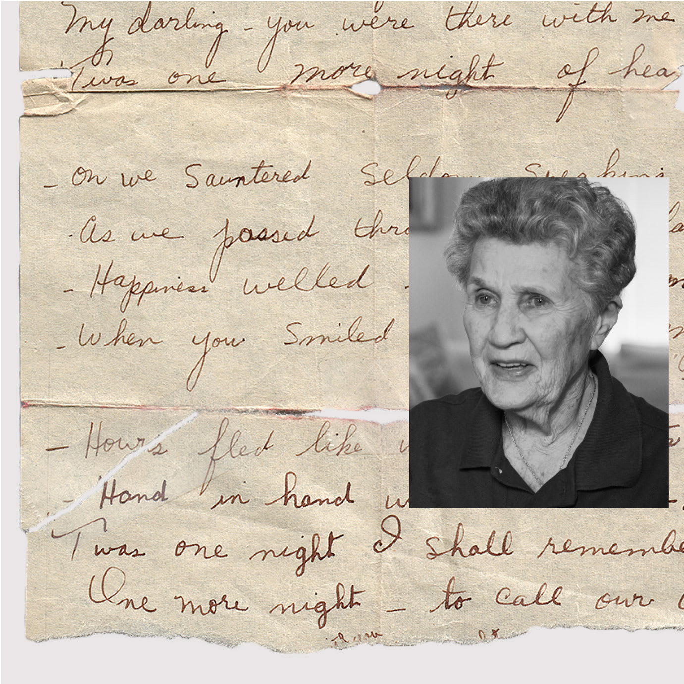 A collage of a photo of an elderly woman and a handwritten letter.