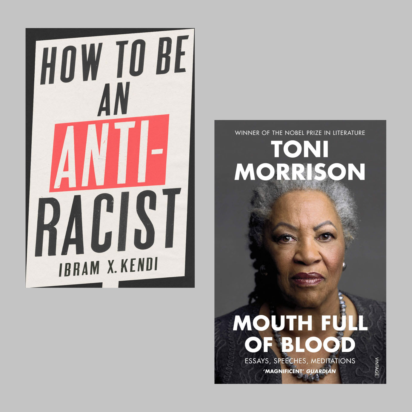 Two book covers on a grey background.