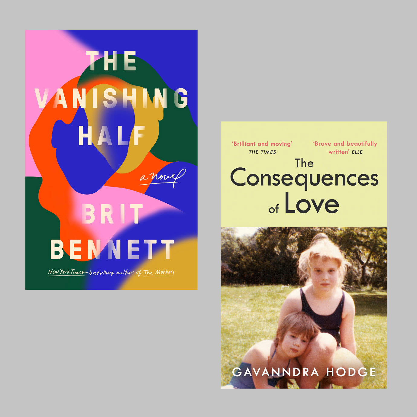 Two book covers on a grey background.