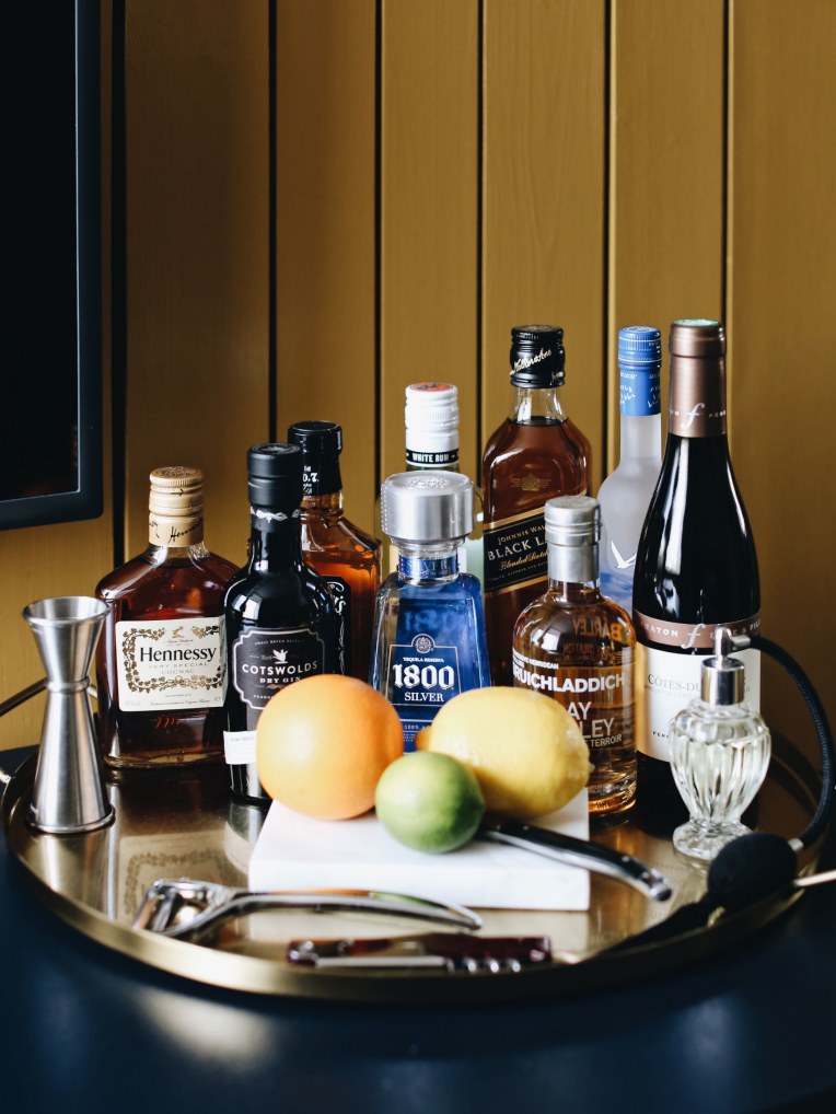A drinks tray with cocktail paraphanalia on it.
