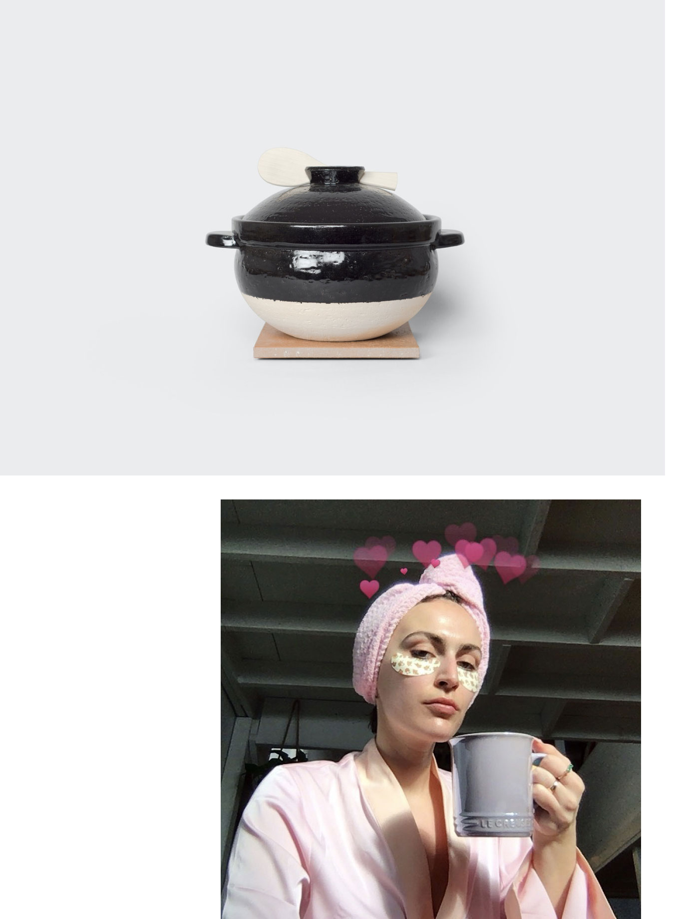 A clay pot and a woman drinking.