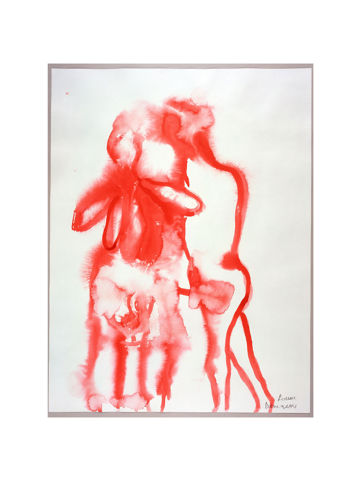 A simple abstract drawing in red of two people hugging.