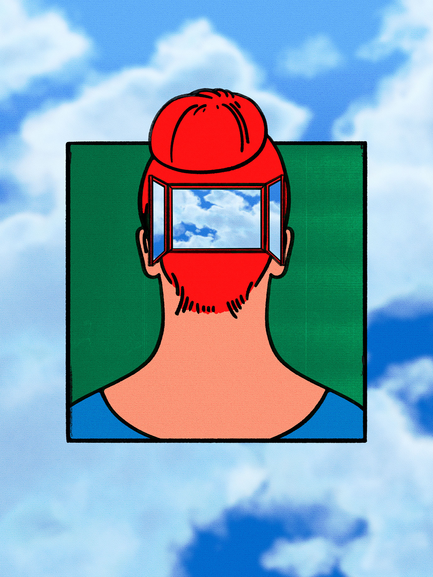 illustration of the back of a woman's head with a window and clouds in it.
