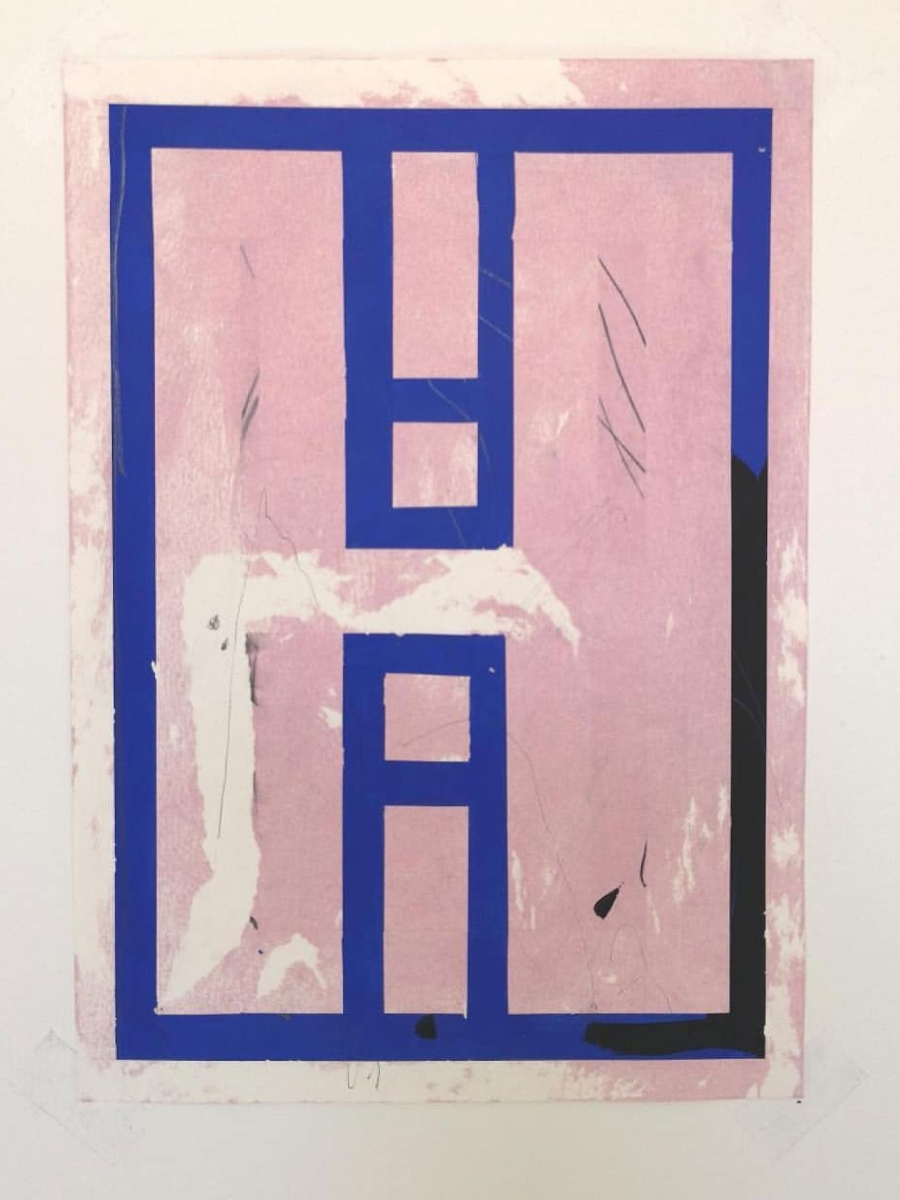 A blue lined abstract painting on pink.