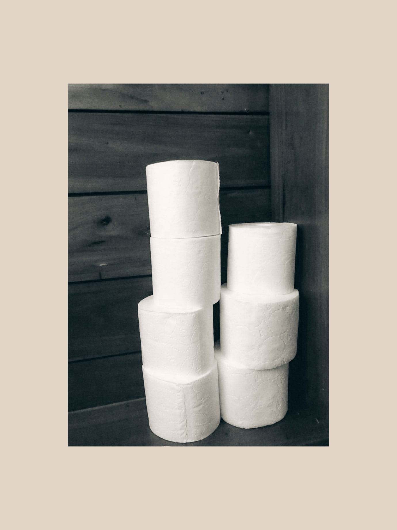 Towers of toilet paper rolls.