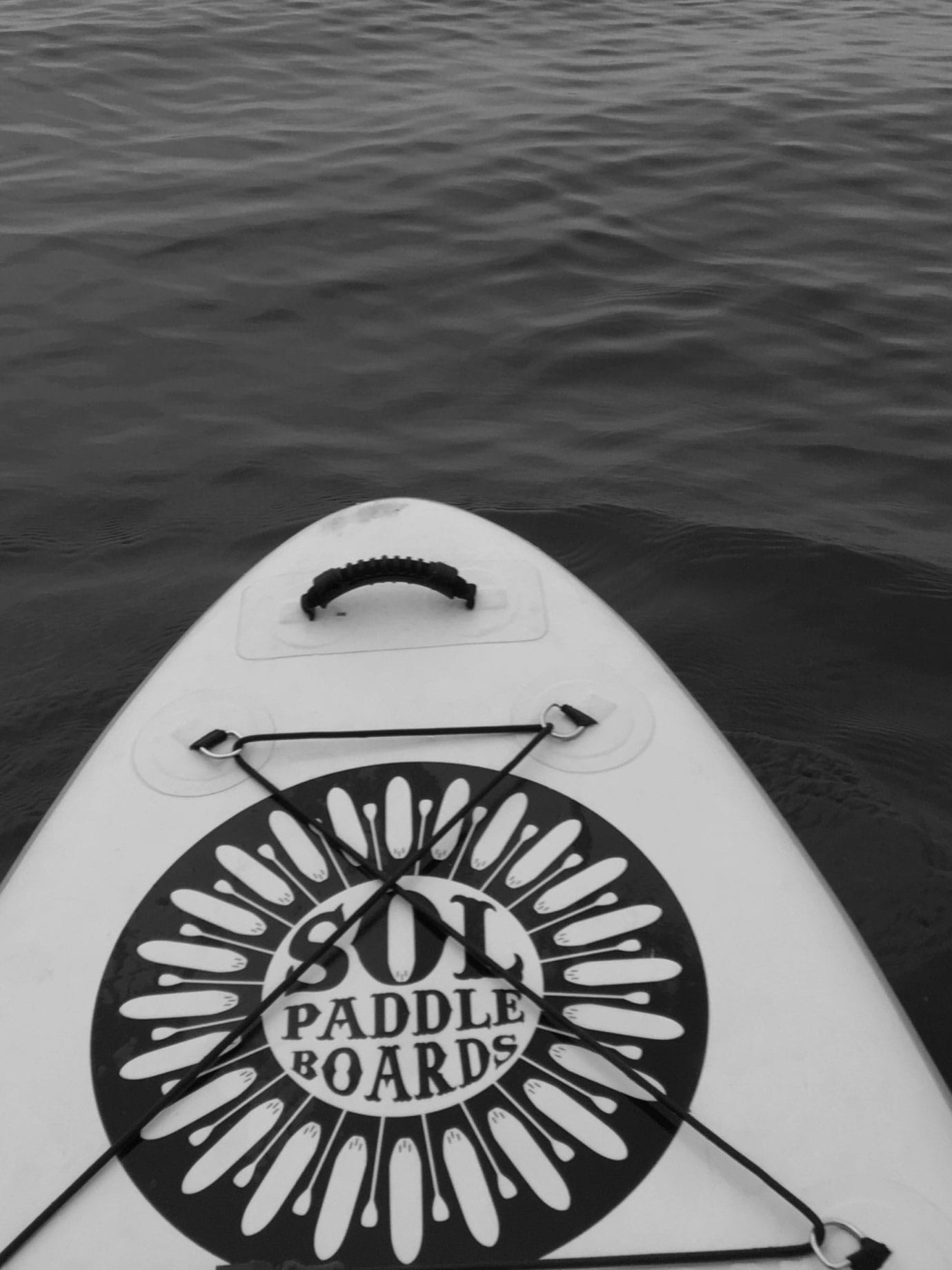 The top of a paddle board on water.