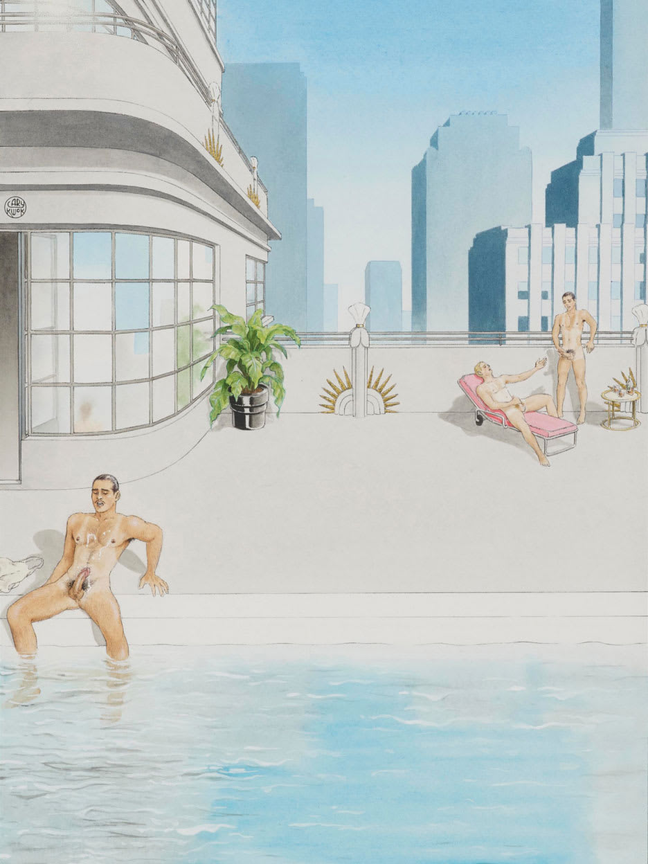 A painting of naked men sitting by a swimming pool.