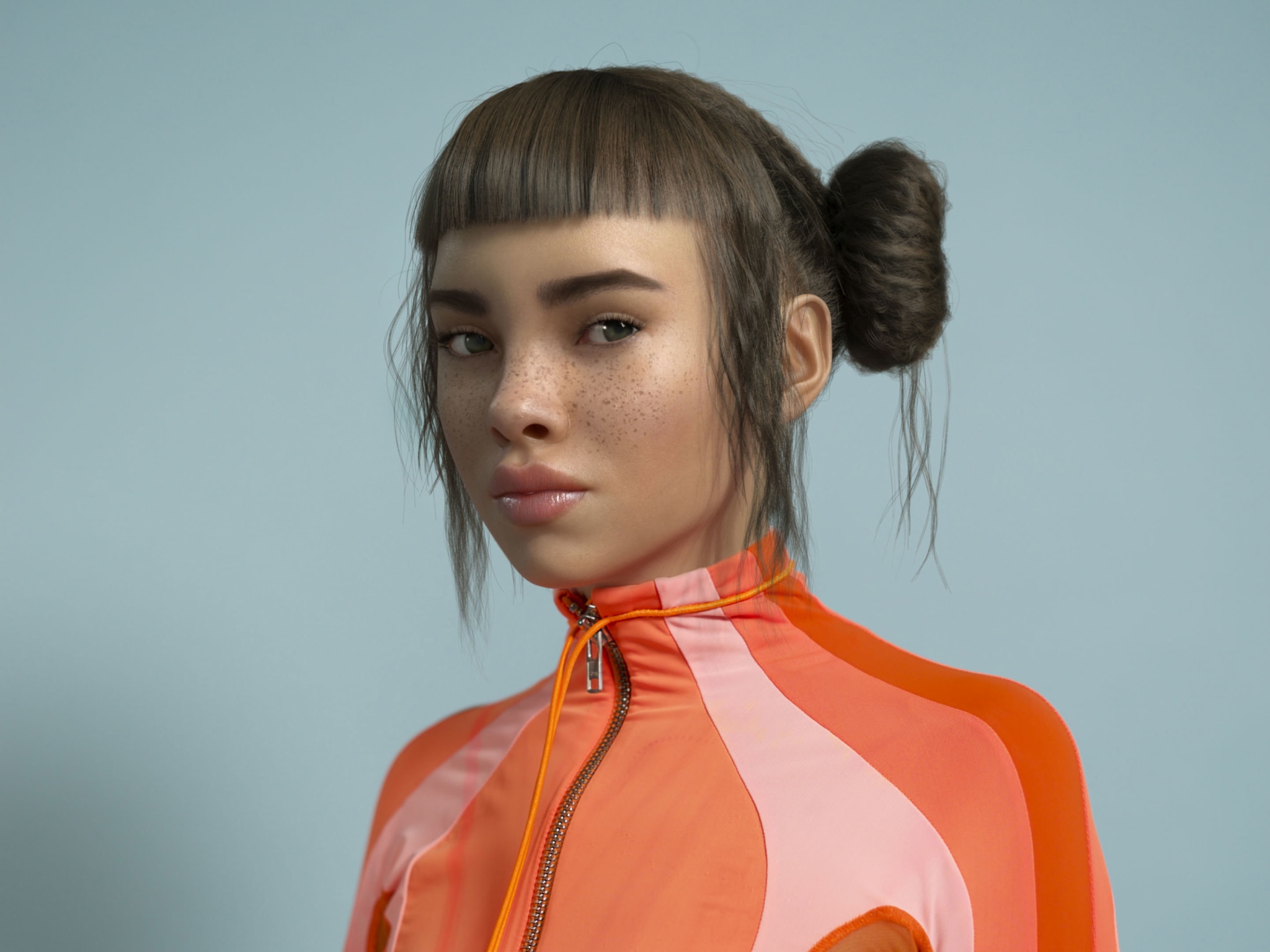 A girl wearing an orange outfit.