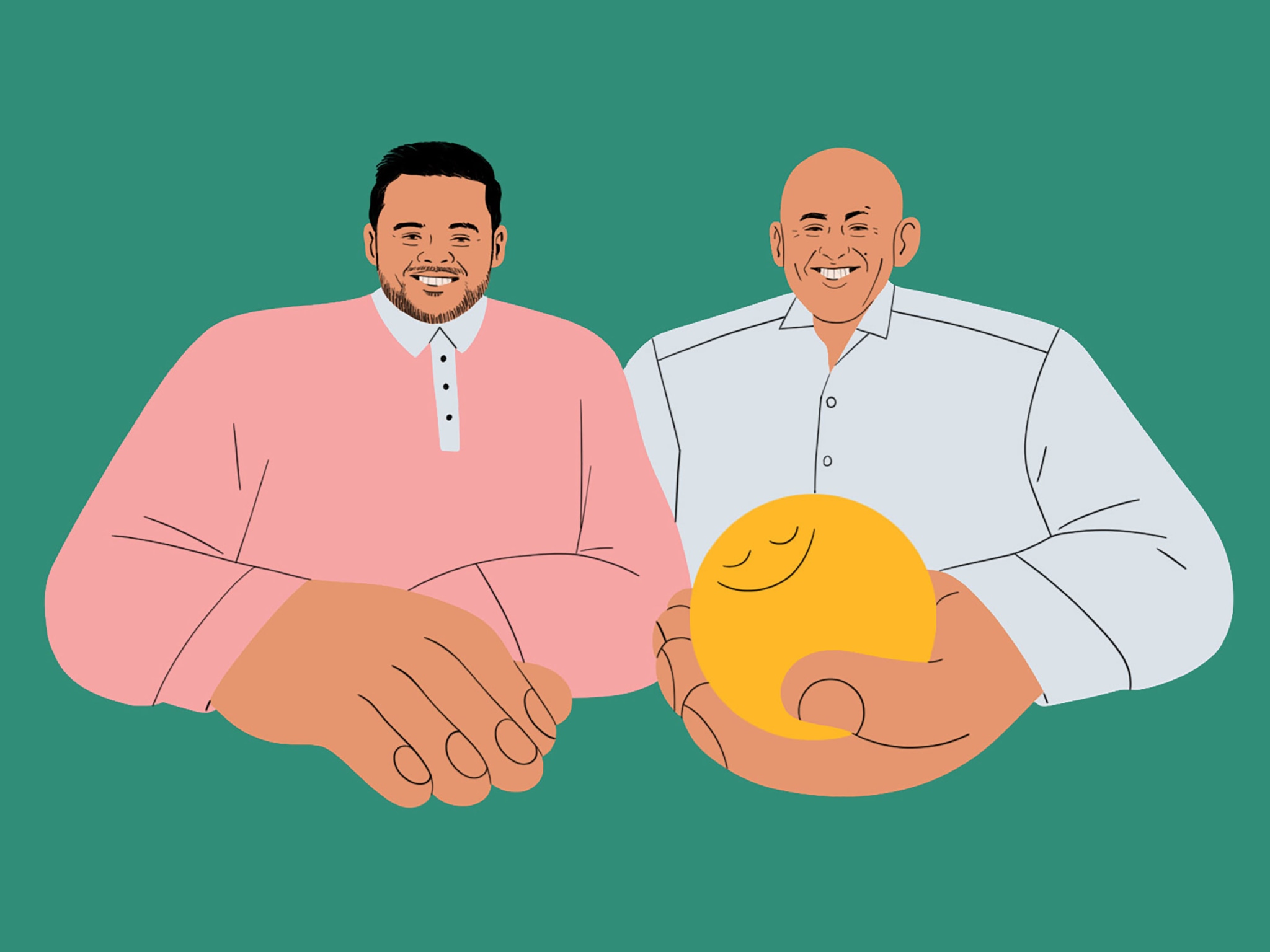 An illustration of two men with big hands, one of which is holding a stress ball.